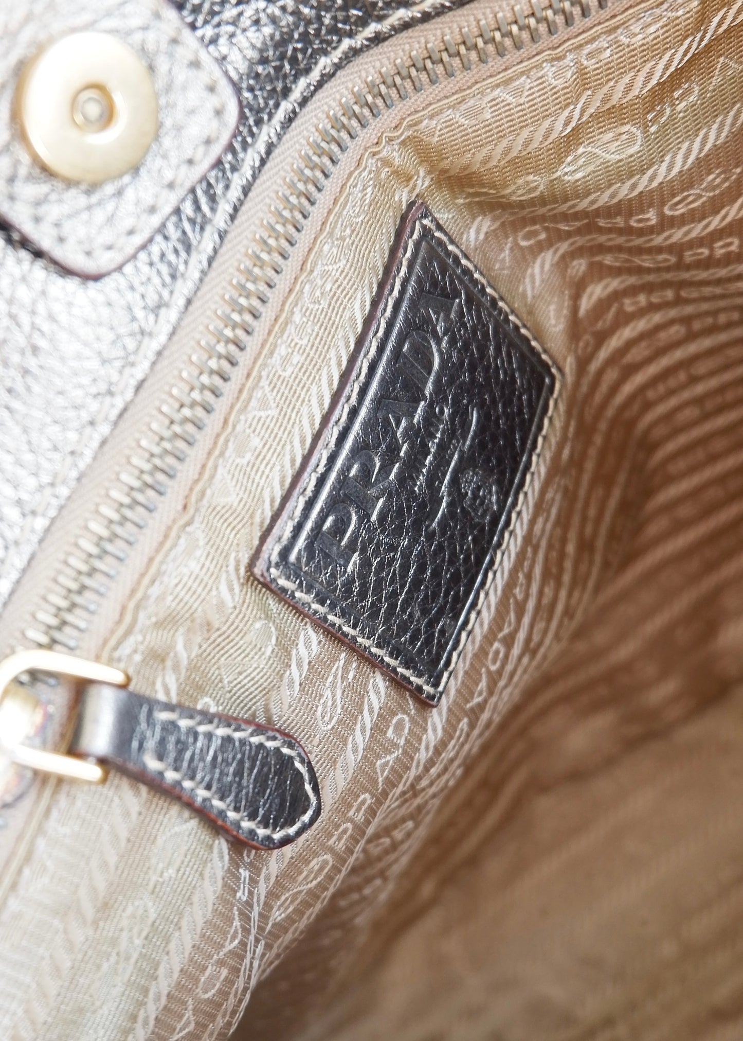 Authentic Preowned Prada Beige/Gold Canvas and Leather Two Way Bag