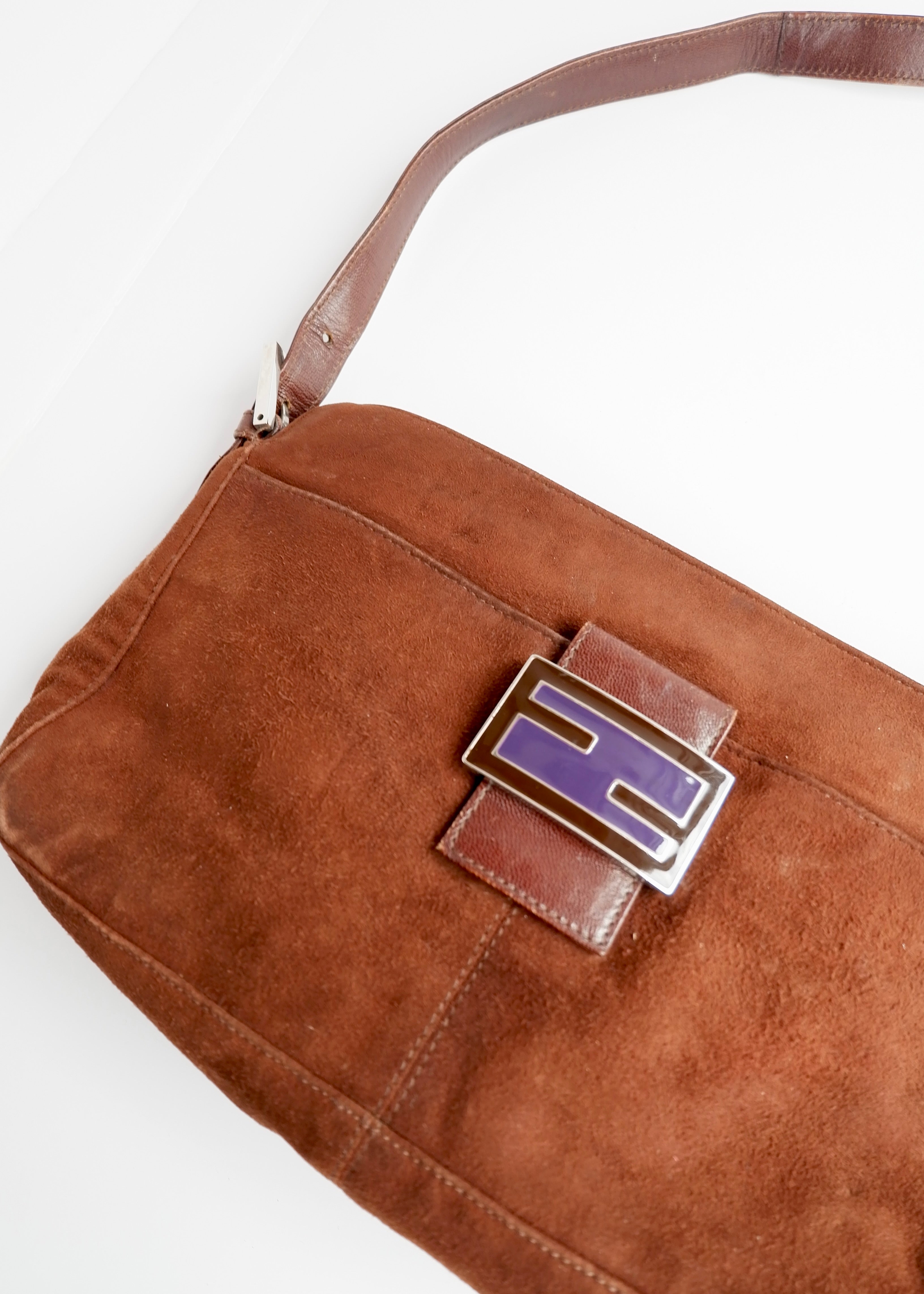 Sac porté épaule Fendi en daim et cuir marron, d'occasion, authentique