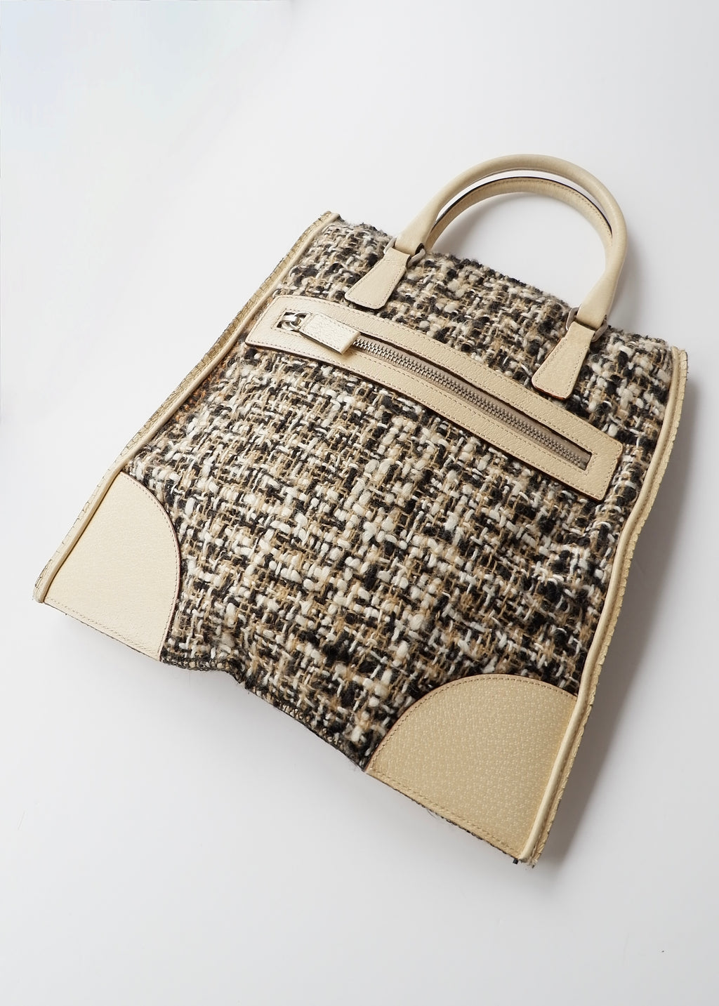 Preowned Prada Beige Tweed/ Leather Top Handle Bag