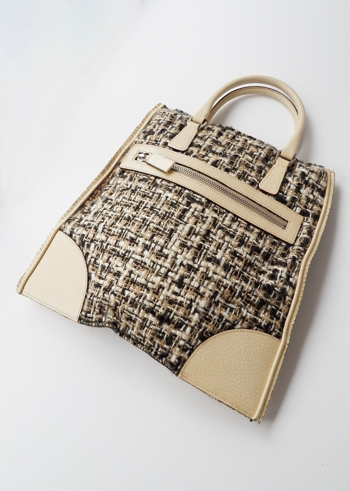 Preowned Prada Beige Tweed/ Leather Top Handle Bag