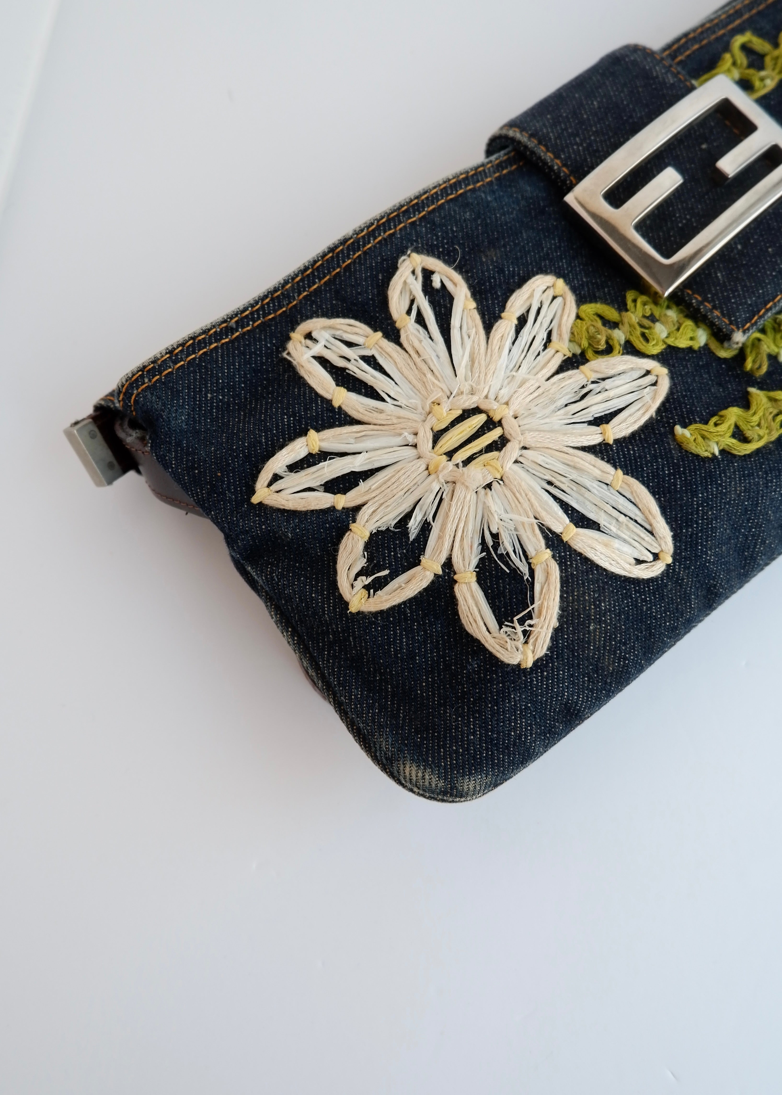 Authentic Preowned Fendi Mamma Denim Flower Emroidered Shoulder Bag