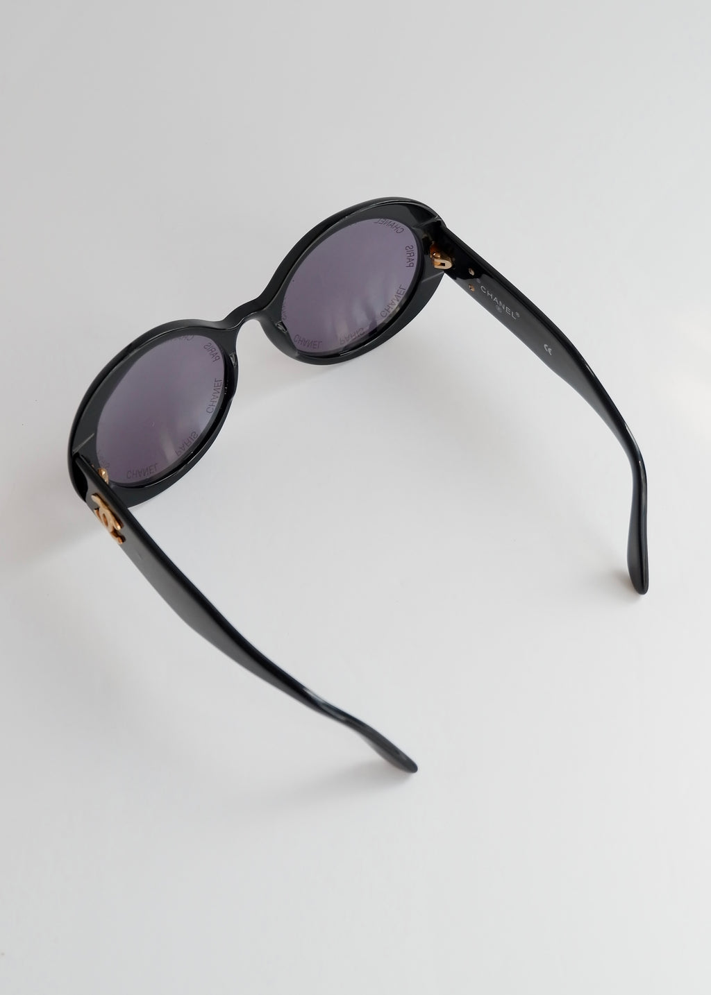 Preowned Vintage Chanel Black Round Rare "CHANEL PARIS" Sunglasses