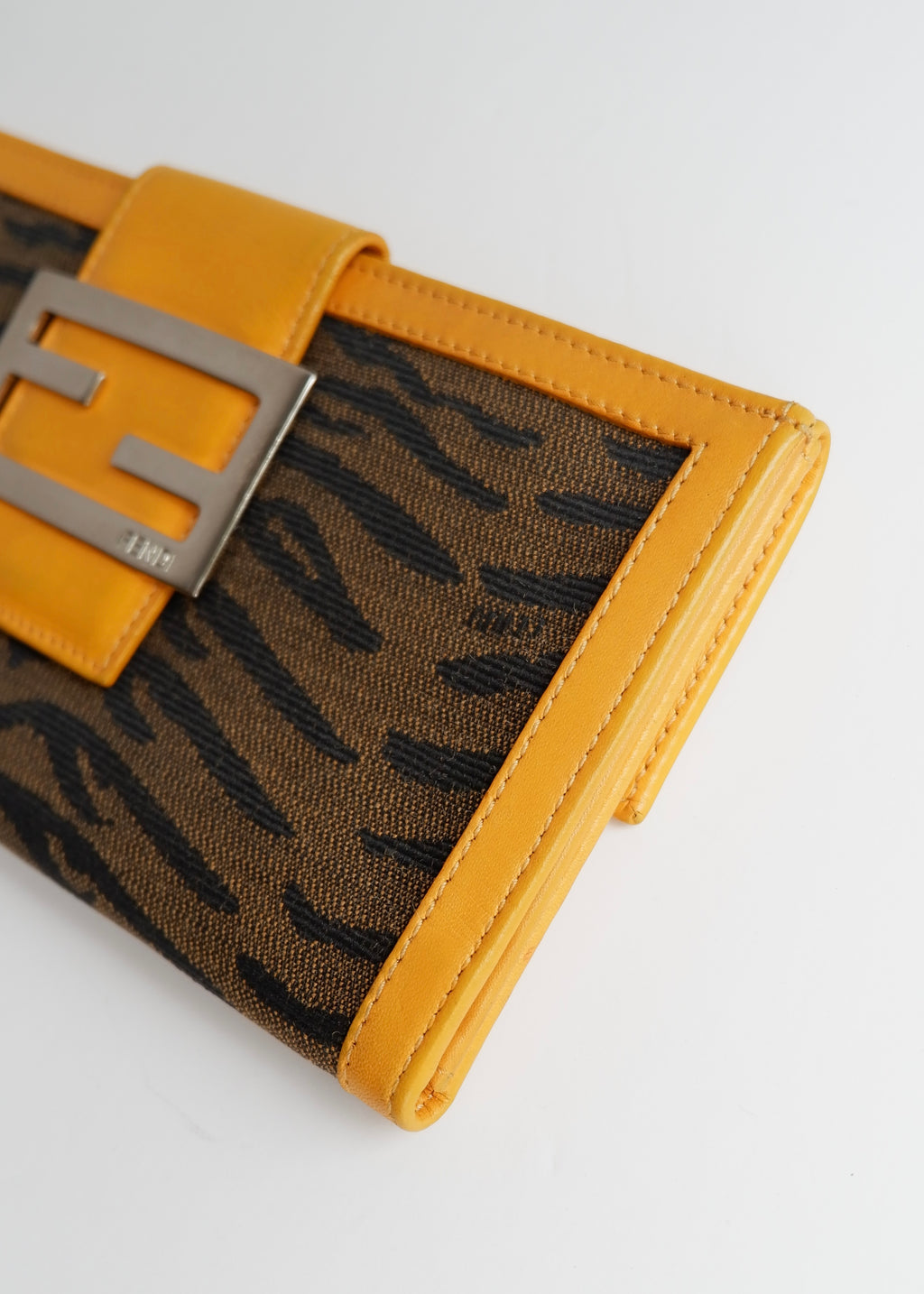 Preowned Vintage Fendi Yellow Leather Animal Print Canvas Long Wallet