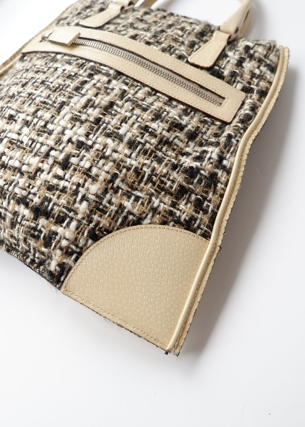 Preowned Prada Beige Tweed/ Leather Top Handle Bag