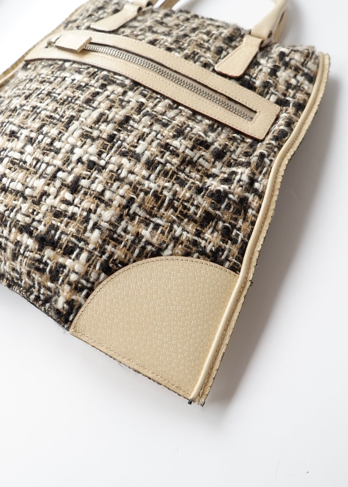 Preowned Prada Beige Tweed/ Leather Top Handle Bag