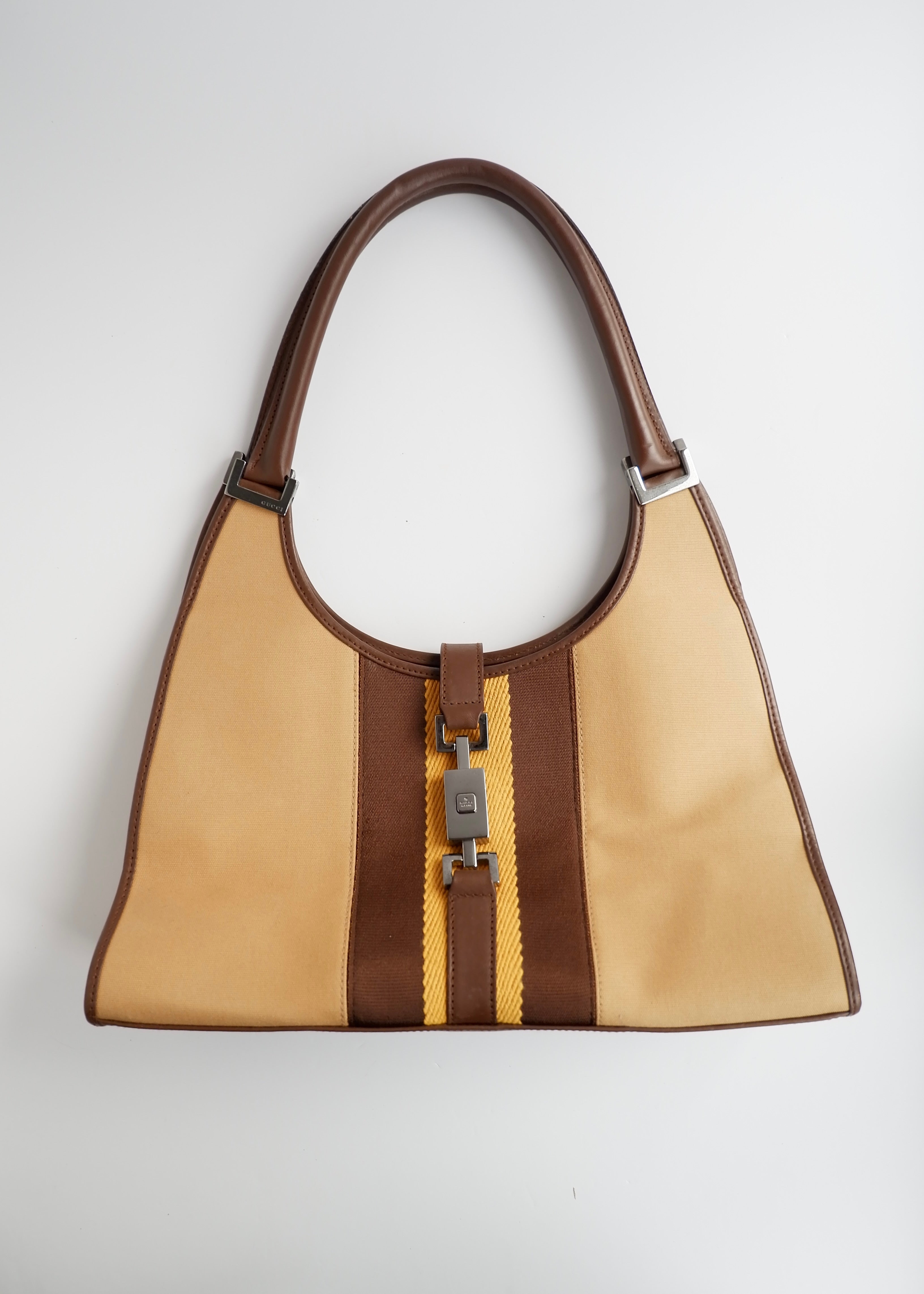 Sac Jackie Gucci authentique d'occasion en toile/cuir beige Ligne Sherry