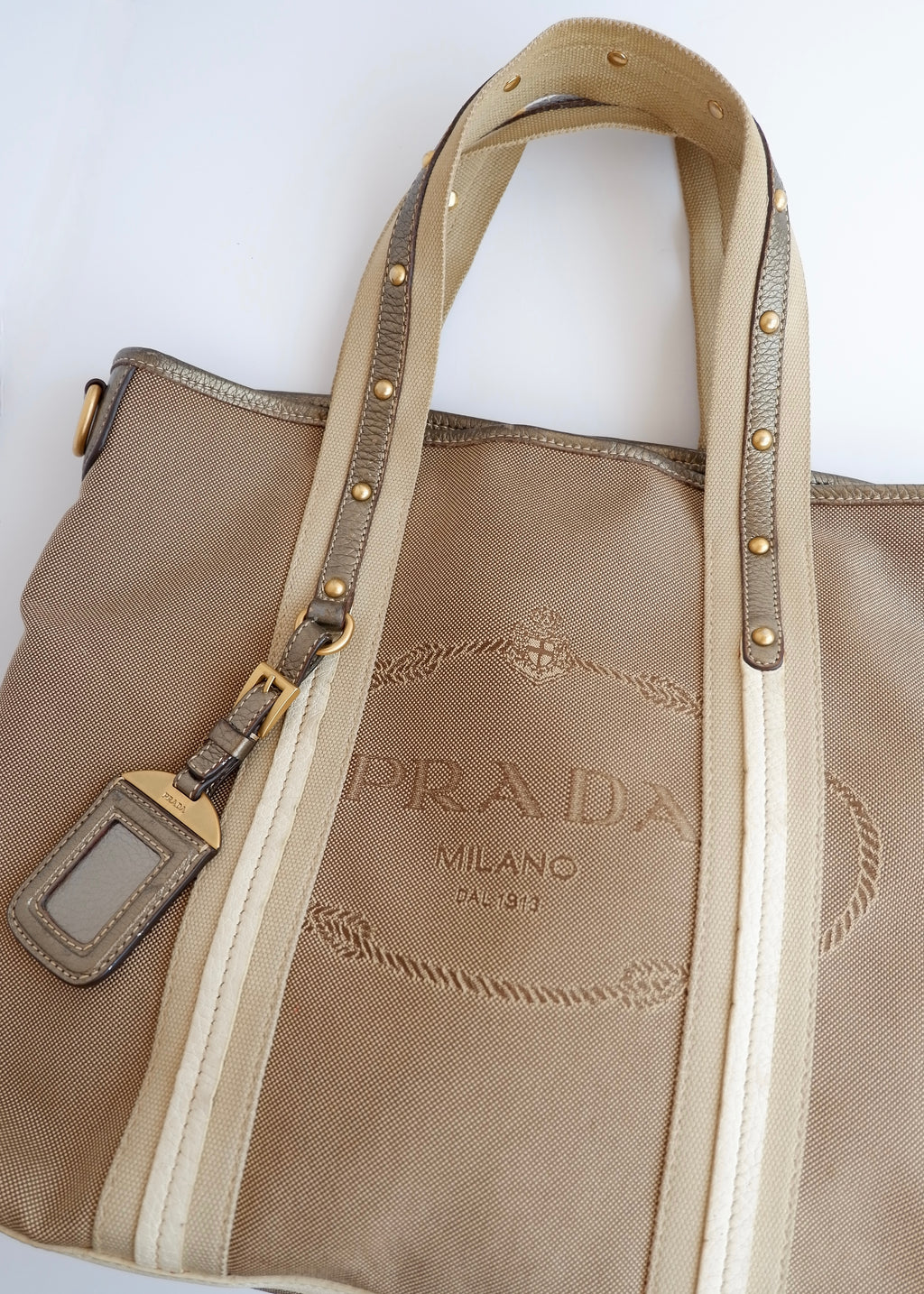 Authentique Sac à Main Prada Bicolore Beige/Doré en Toile et Cuir d'Occasion
