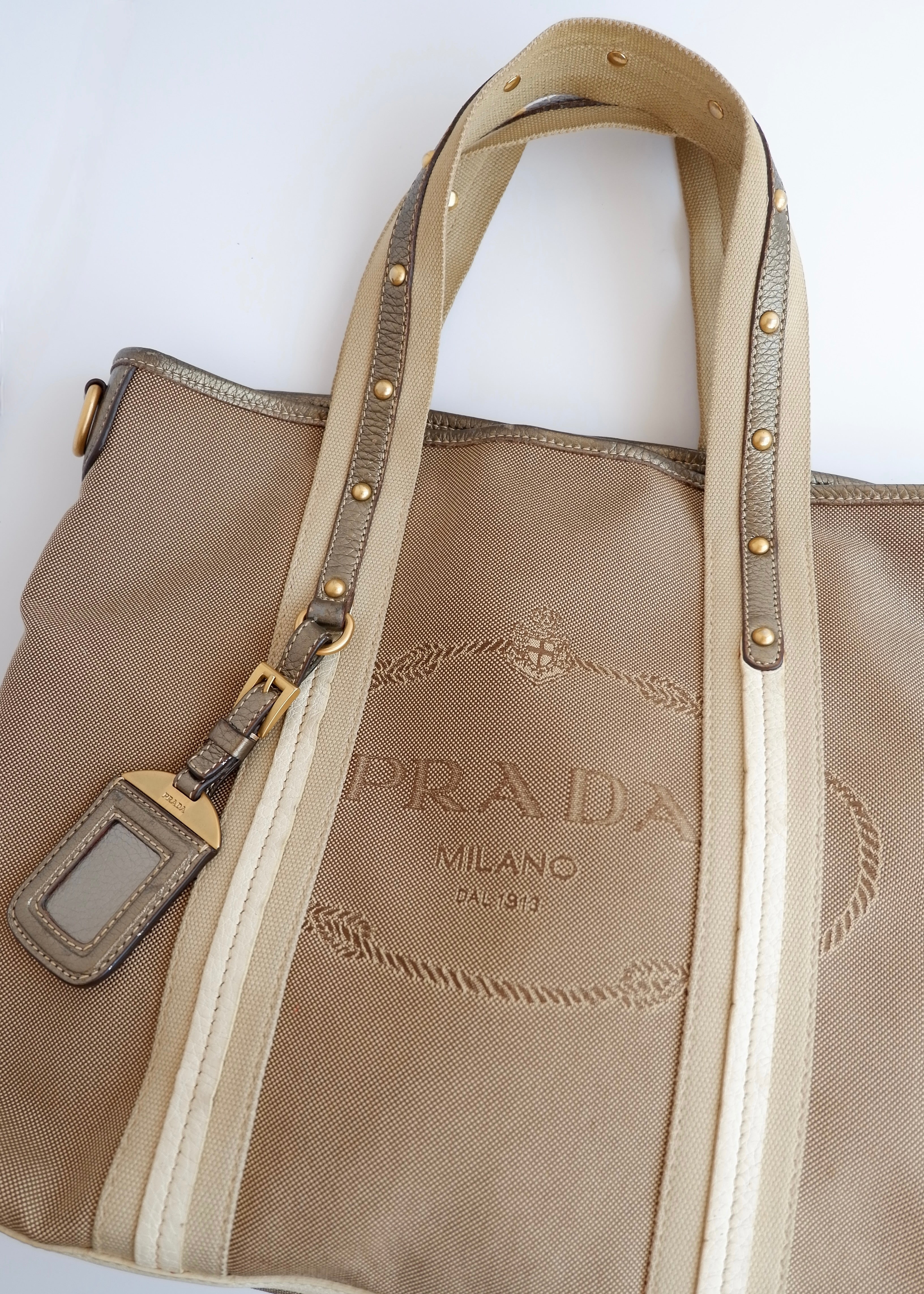 Authentic Preowned Prada Beige/Gold Canvas and Leather Two Way Bag