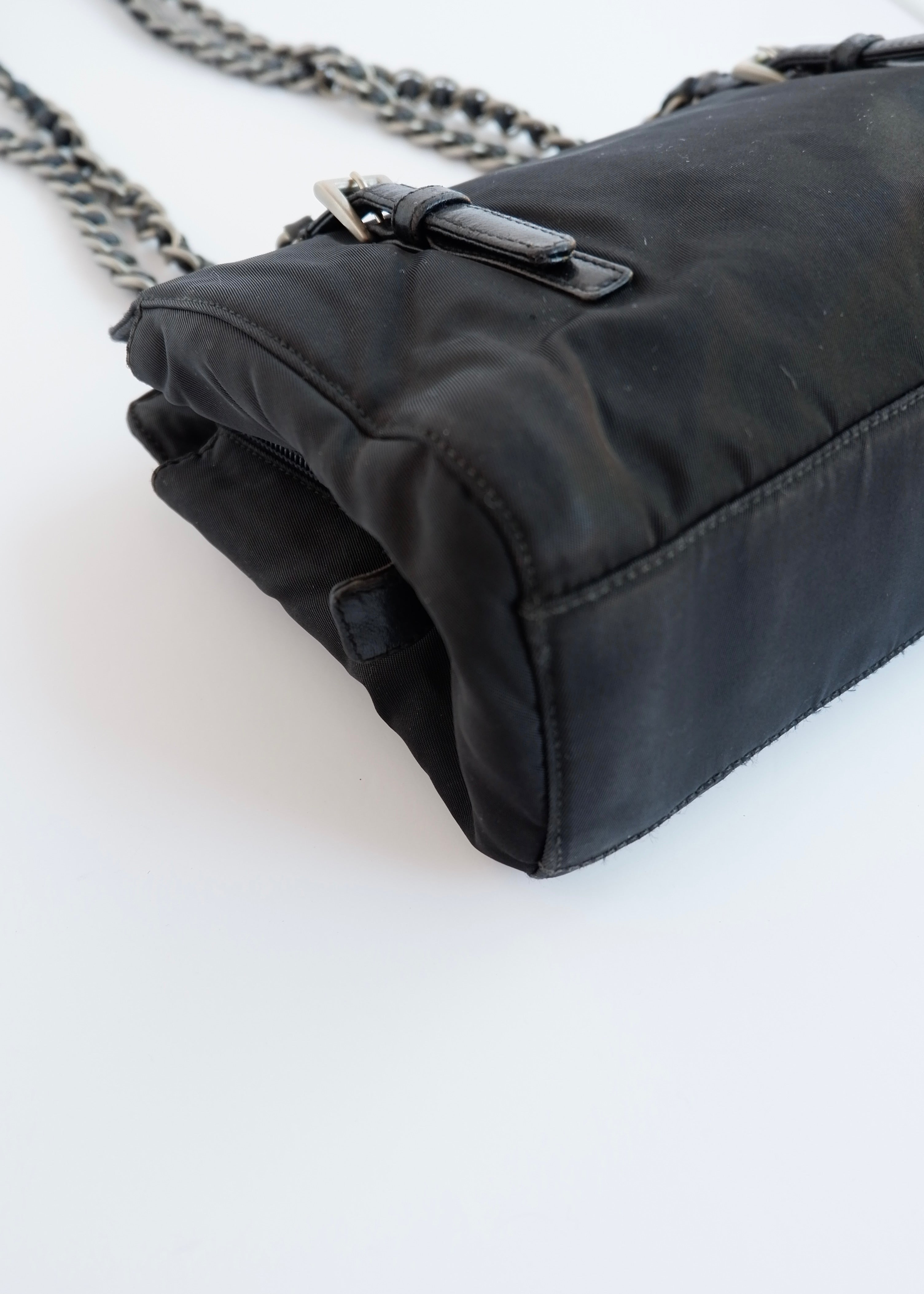 Authentic Preowned Prada Black Nylon/ Leather Metal Chain Shoulder Bag