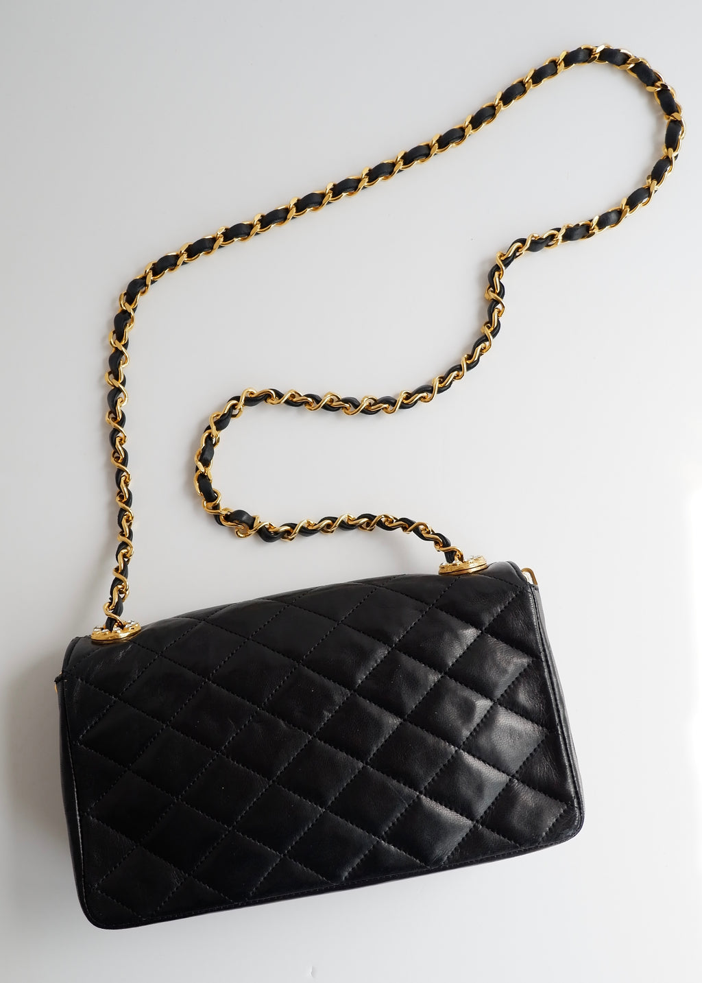 Authentic Preowned Vintage Chanel Black Lambskin Quilted Single Flap Crystal CC Logo Bag GHW