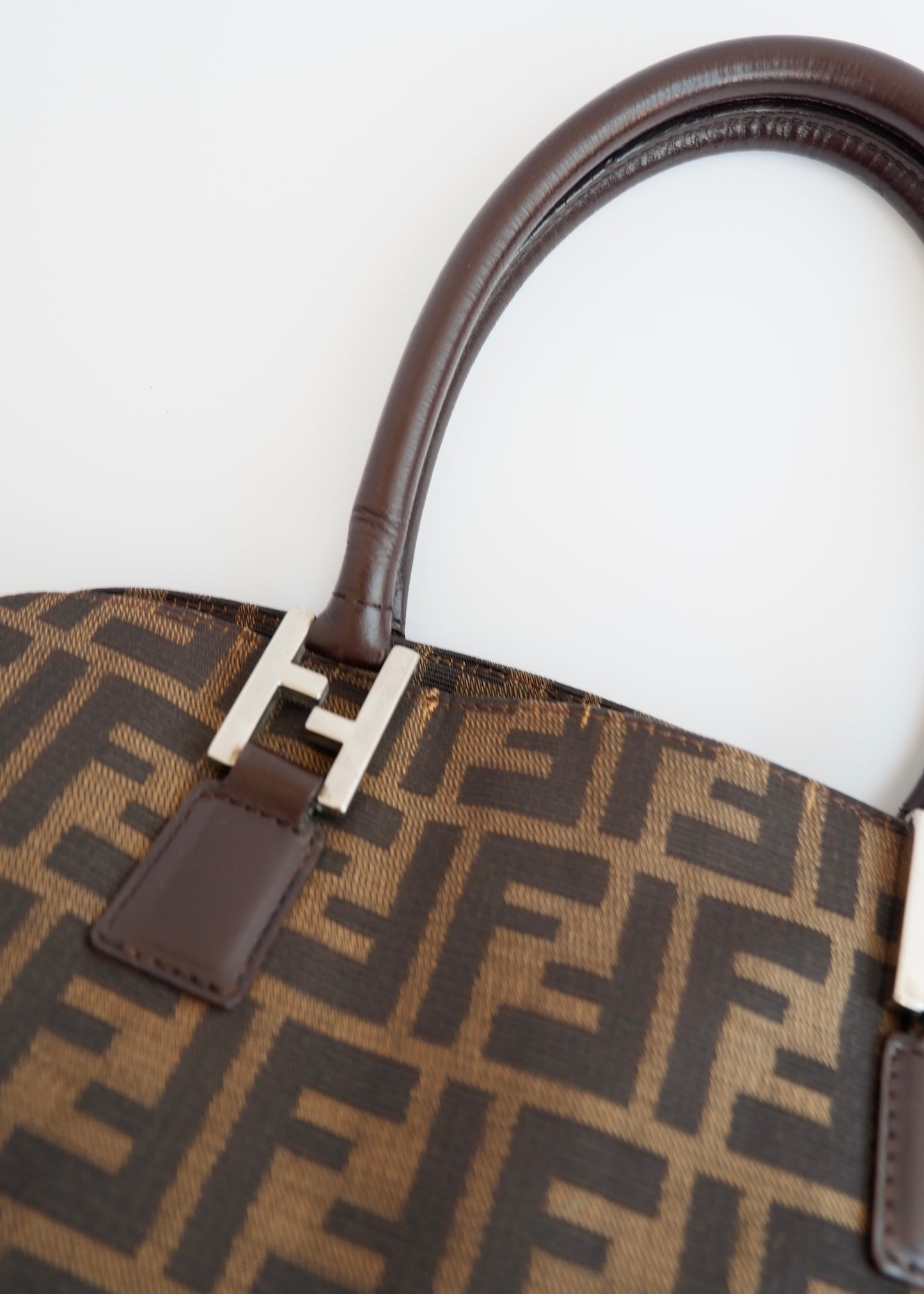 Authentic Preownd Vintage Fendi Brown Canvas Zucca Bowler Shoulder Bag