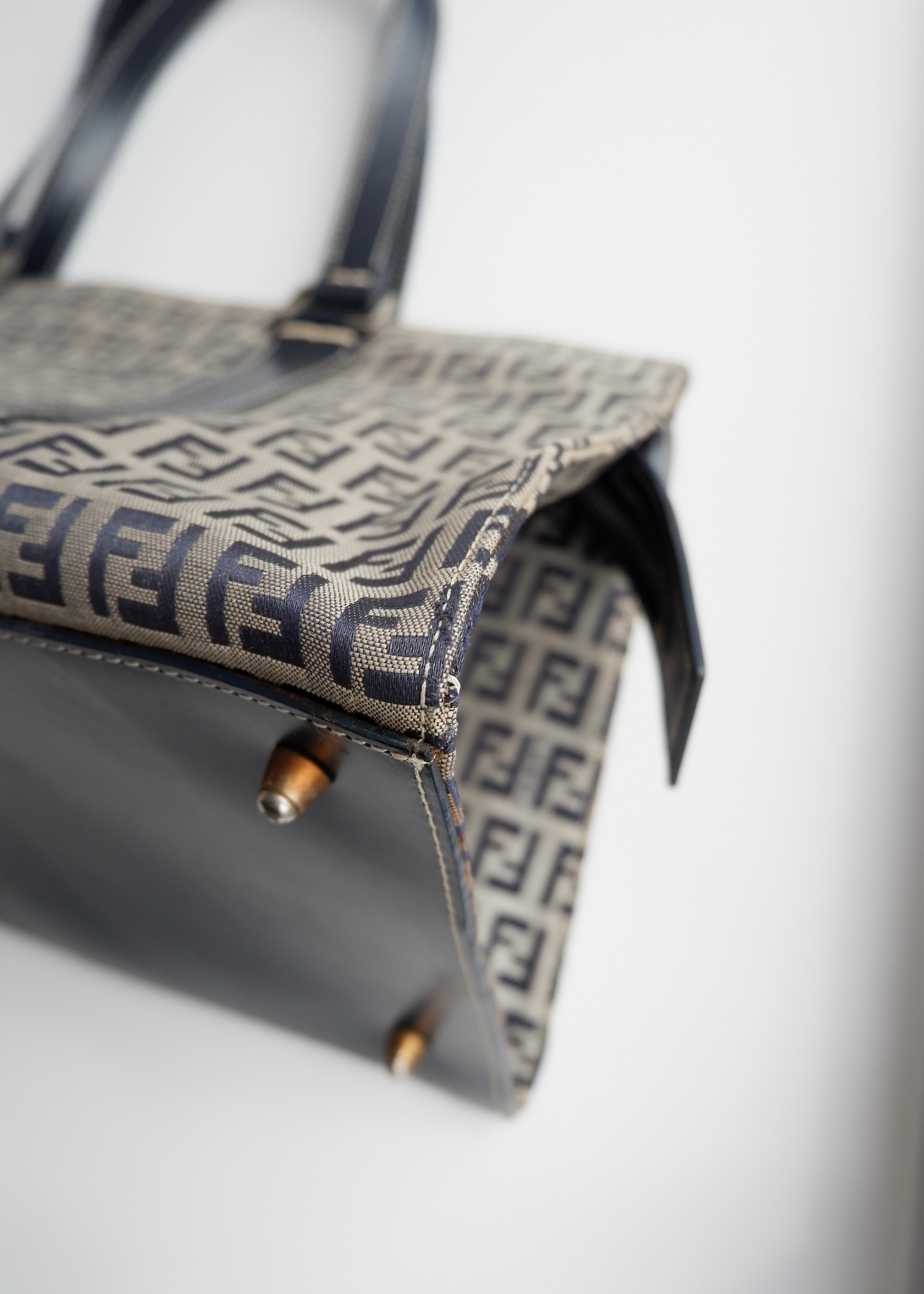 Authentic Preowned Vintage Fendi Navy Zucchino East West Shoulder Bag