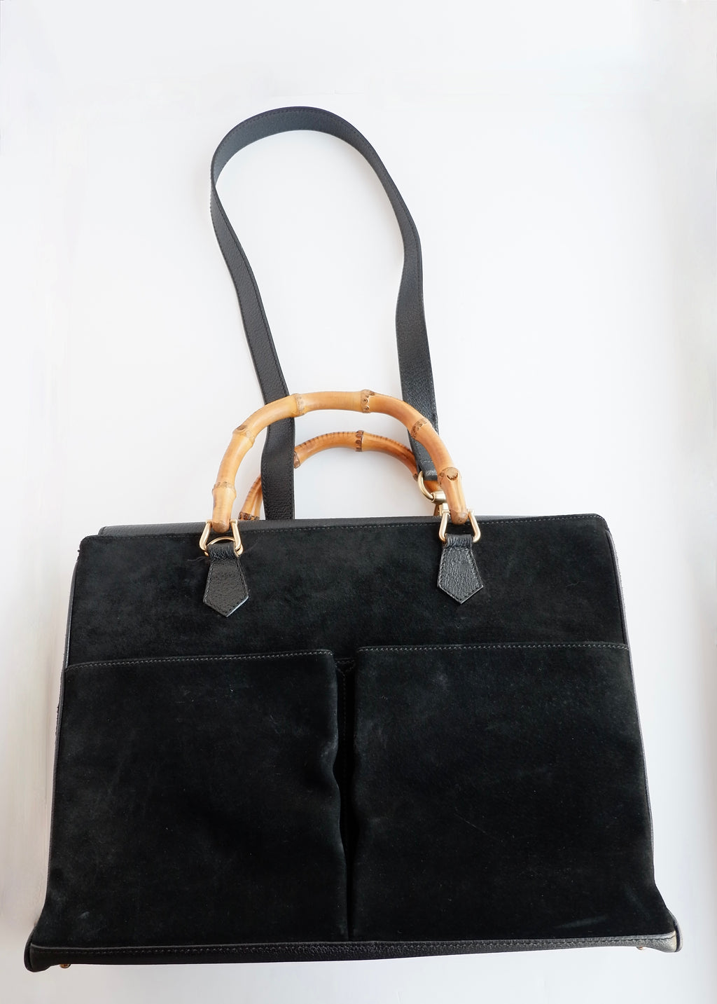 Authentic Preowned Vintage Gucci Black Suede/Leather Bamboo Two Way Tote