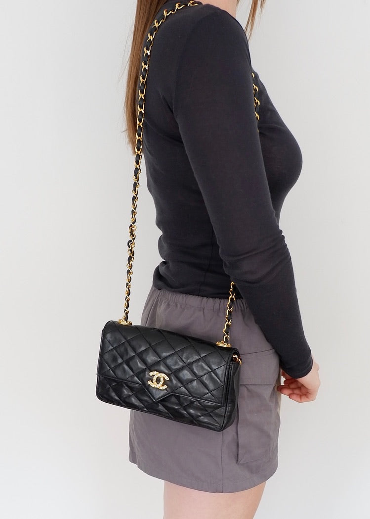 Authentic Preowned Vintage Chanel Black Lambskin Quilted Single Flap Crystal CC Logo Bag GHW