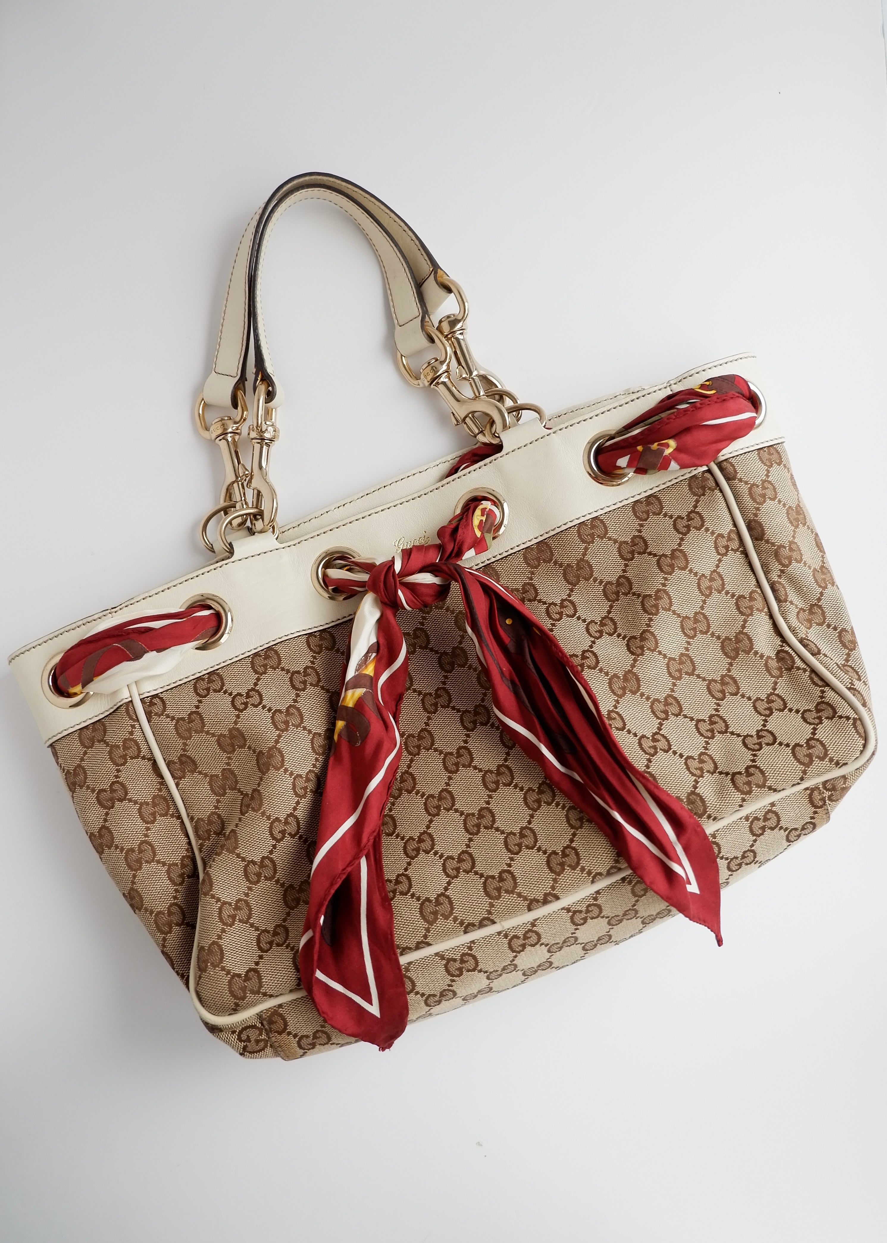 Authentic Preowned Gucci White GG Canvas/ Scarf Detail Handbag