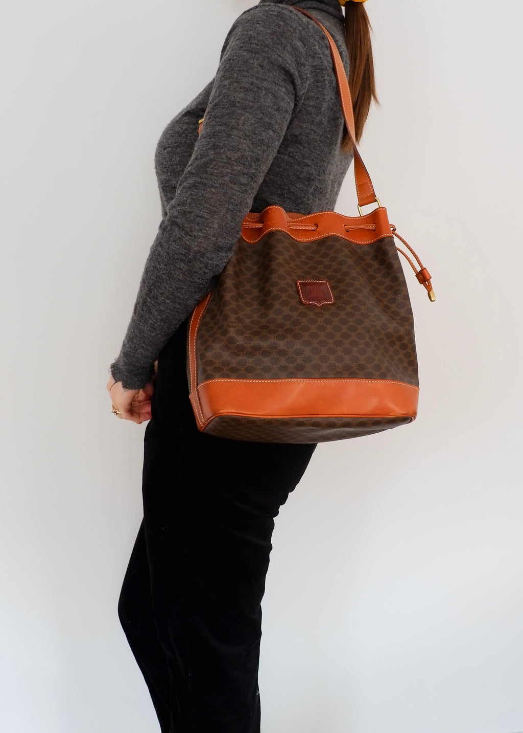Authentic Preowned Vintage Celine Brown Macadam Bucket Crossbody Bag