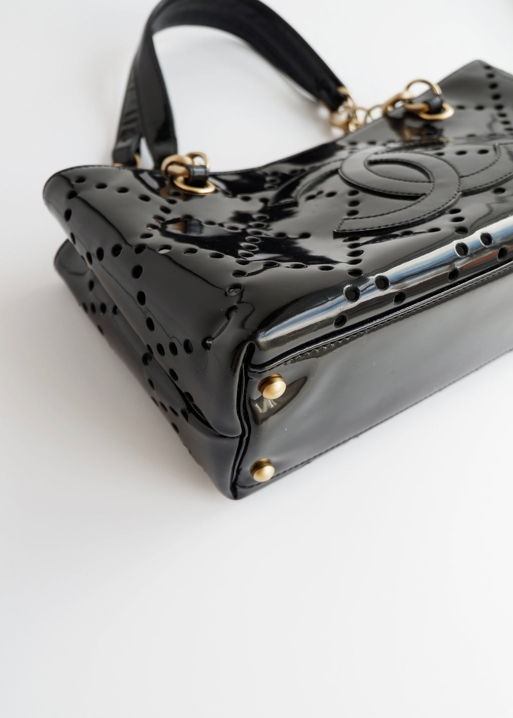Authentic Preowned Chanel Black Patent Perforated Leather CC Logo Shoulder Bag