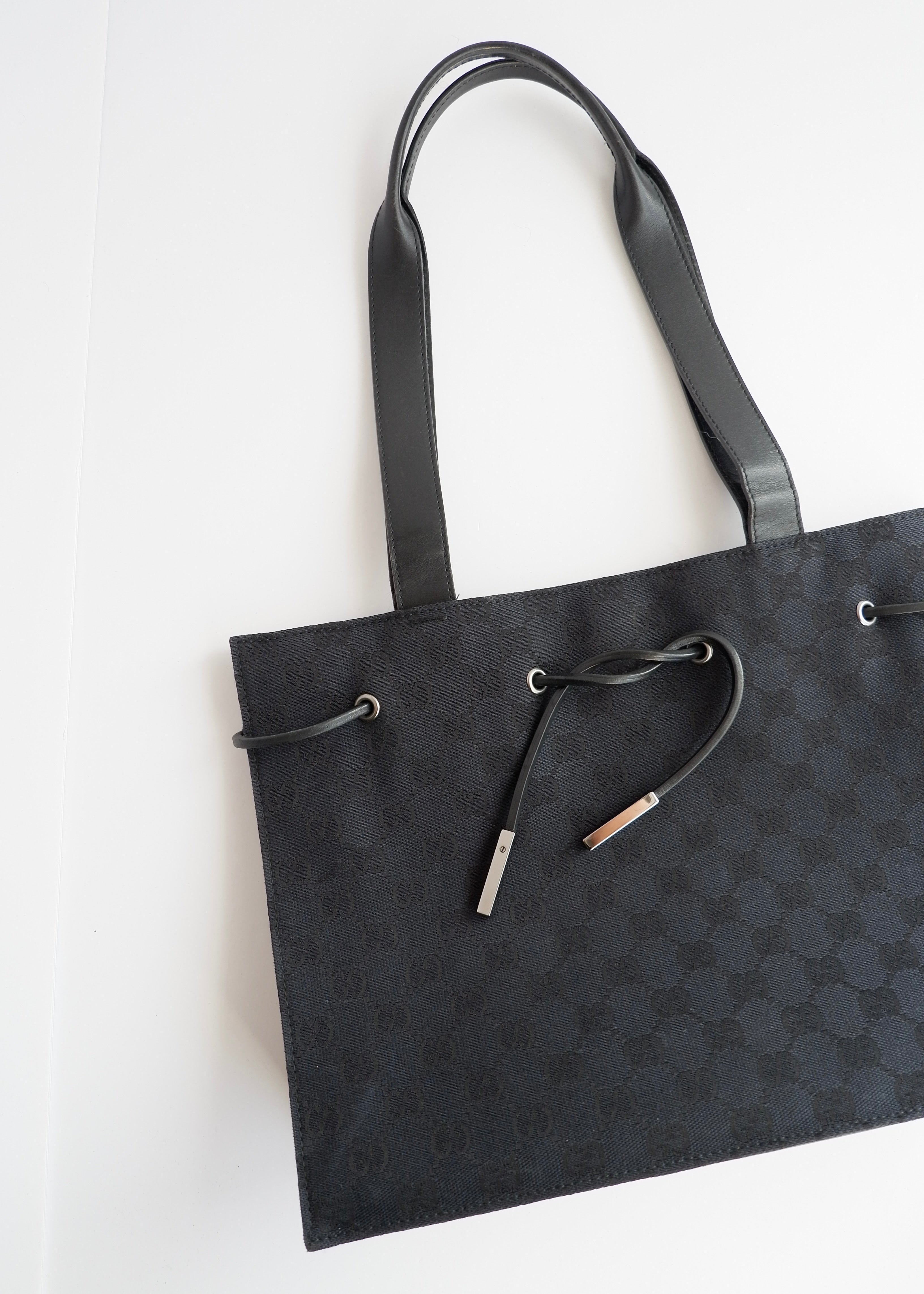 Authentic Preowned Vintage Gucci Black GG Canvas Drawstring Shoulder Bag
