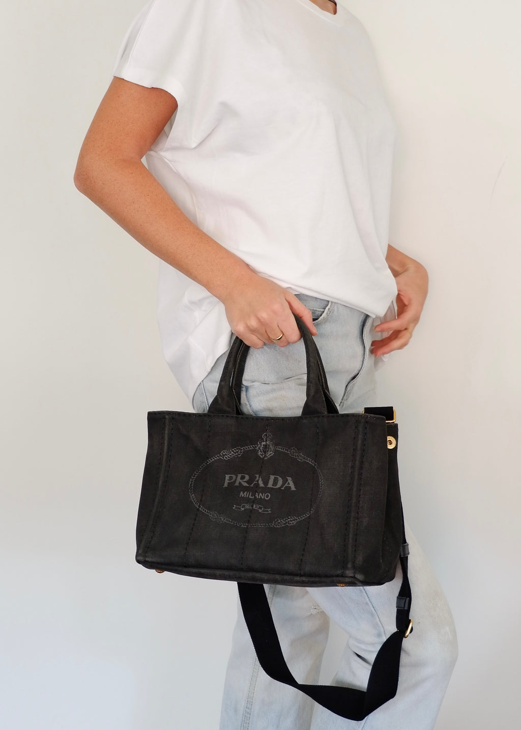 Authentic Preowned Prada Black Denim Canapa Tote w/ Strap