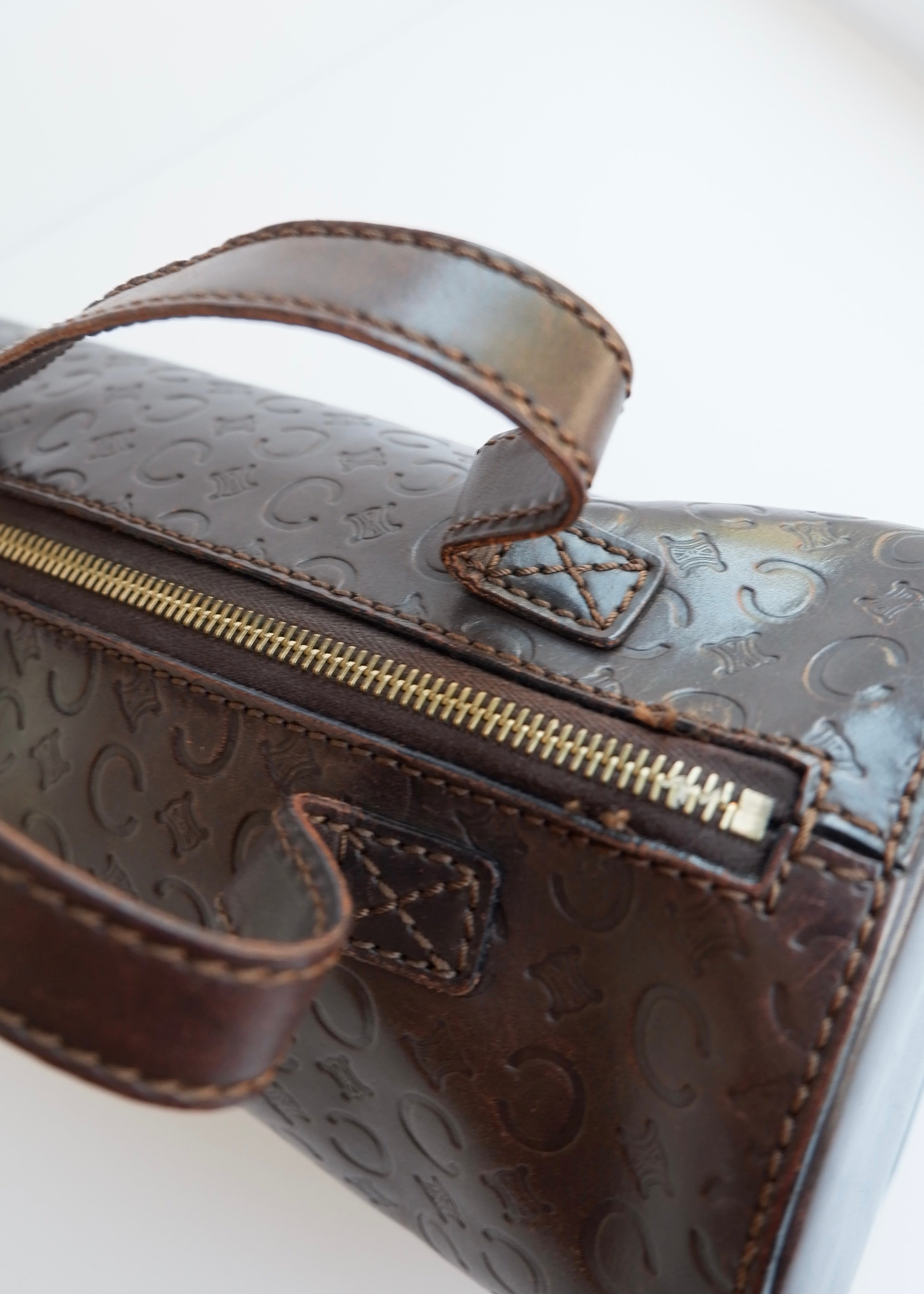 Preowned Vintage Celine Brown Leather Top Handle Cubic Bag