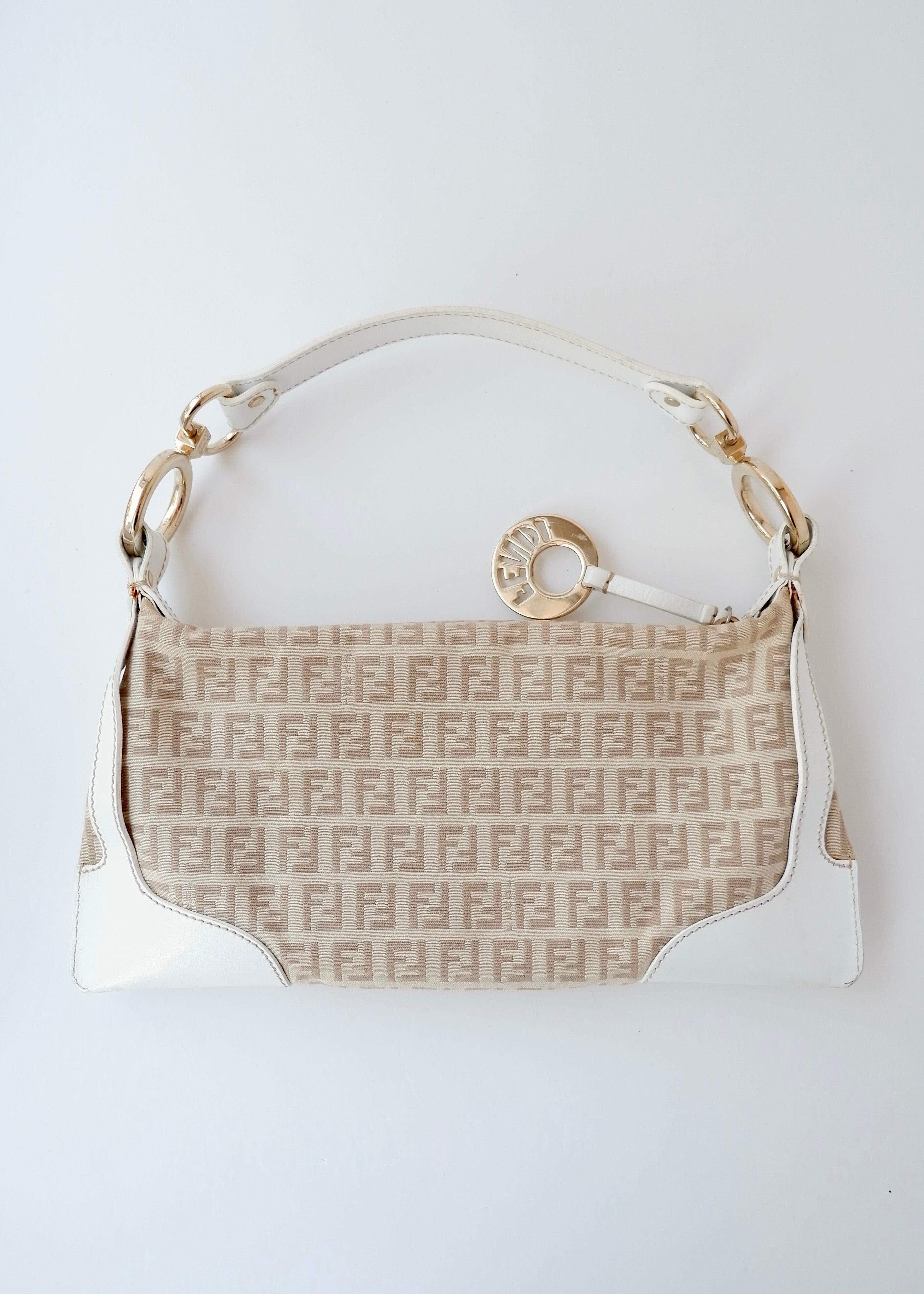 Preowned Vintage Fendi White Leather Beige Canvas Zucchino Shoulder Bag