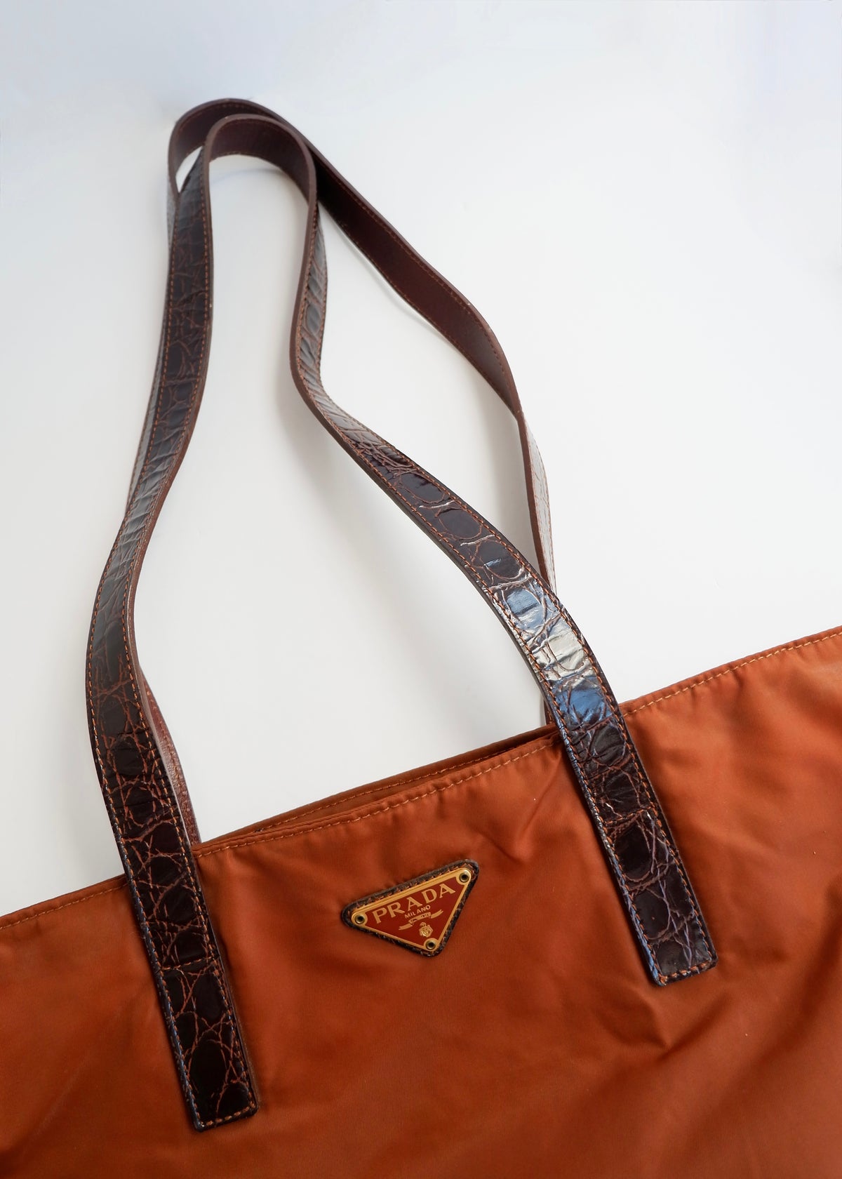 Preowned Prada Brown Nylon/ Patent Croc Long Strap Tote Bag
