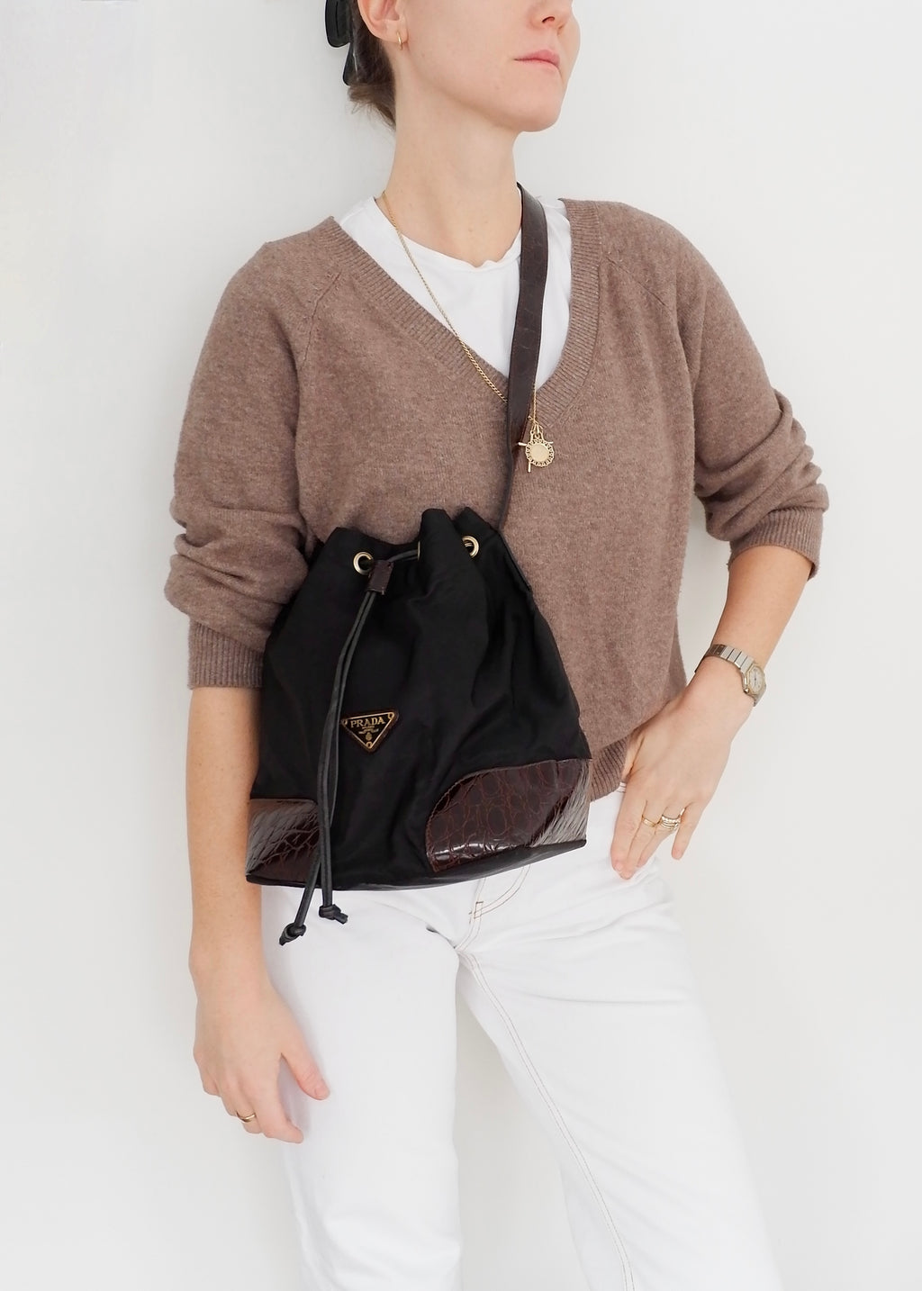 Authentic Preowned Prada Black/Brown Nylon/Leather Bucket Shoulder Bag