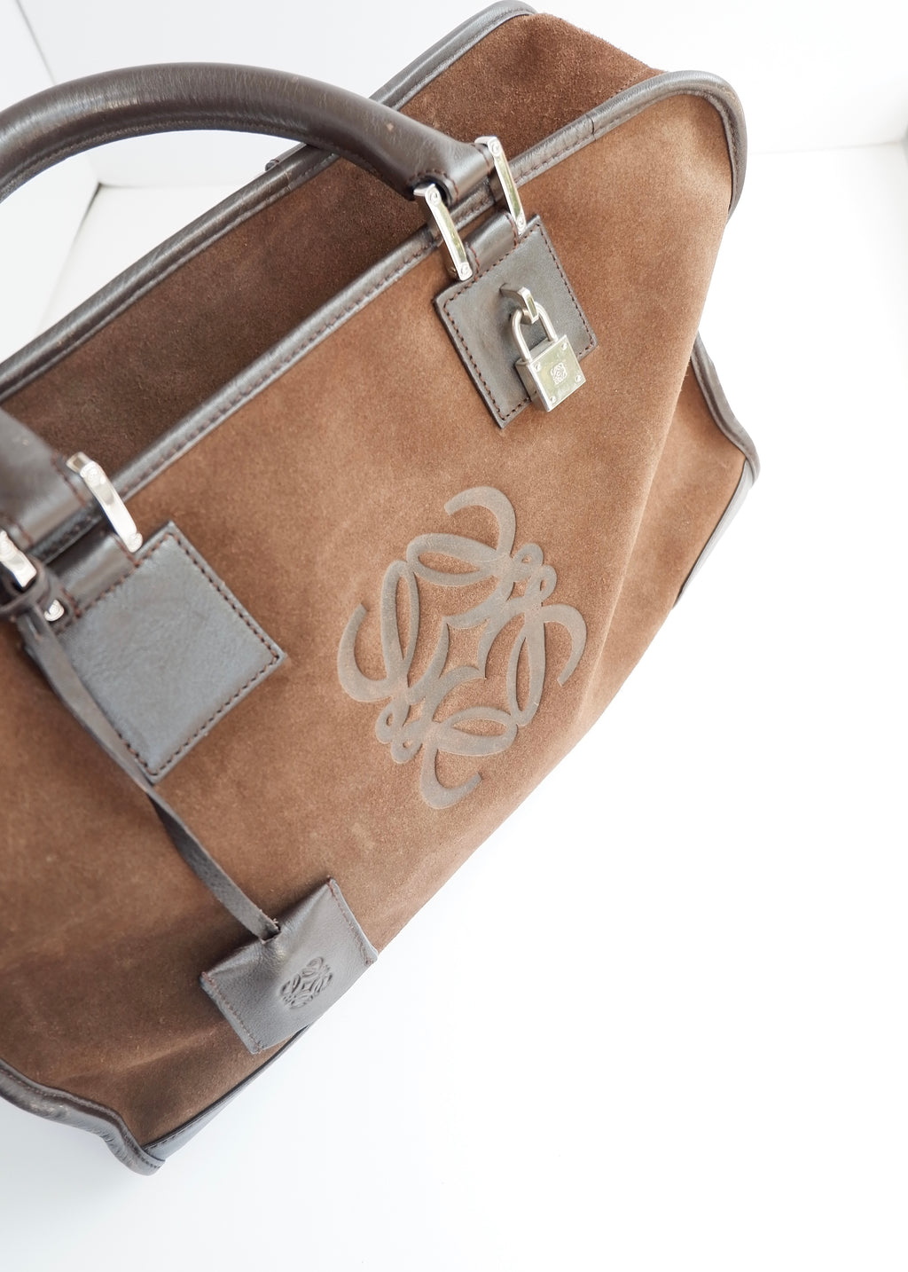 Authentique Sac à main vintage Loewe Amazona en daim et cuir marron pré-adoré