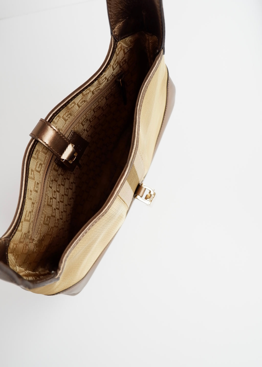 Authentique Sac Jackie Gucci d'occasion en Toile et Cuir Doré/Beige