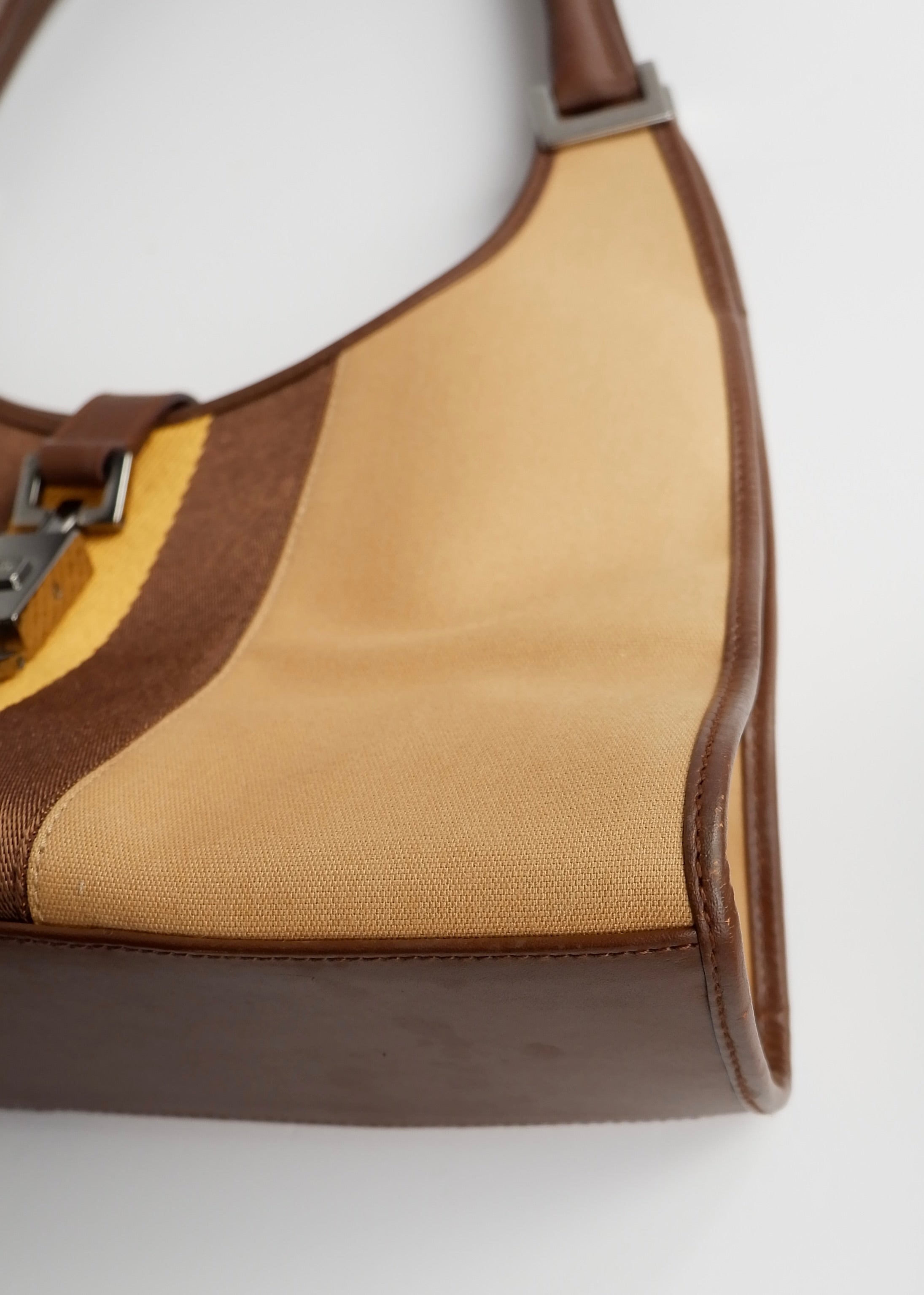 Sac Jackie Gucci authentique d'occasion en toile/cuir beige Ligne Sherry