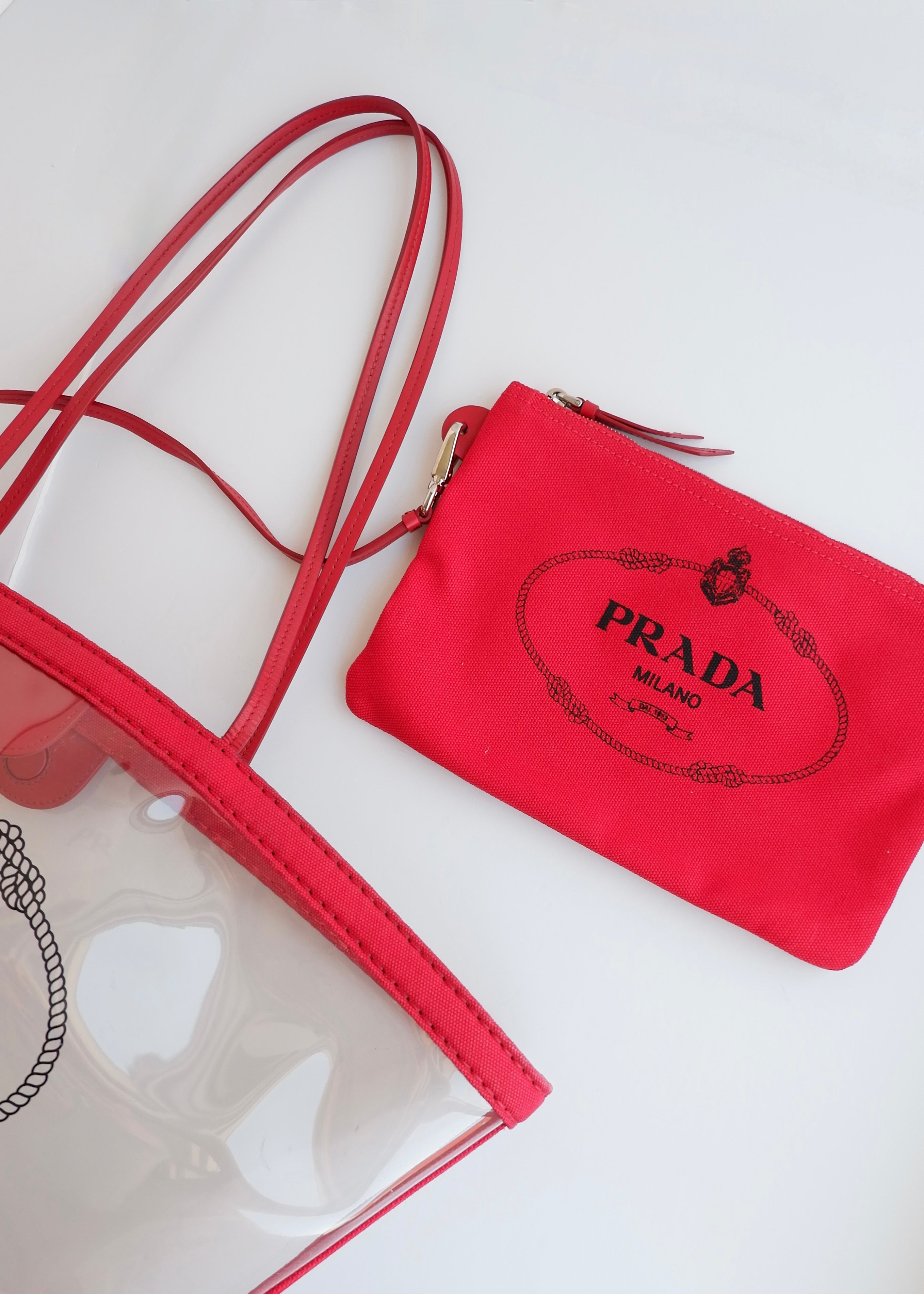 Authentic Preowned Prada Red Canvas/ Transparent Tote Bag