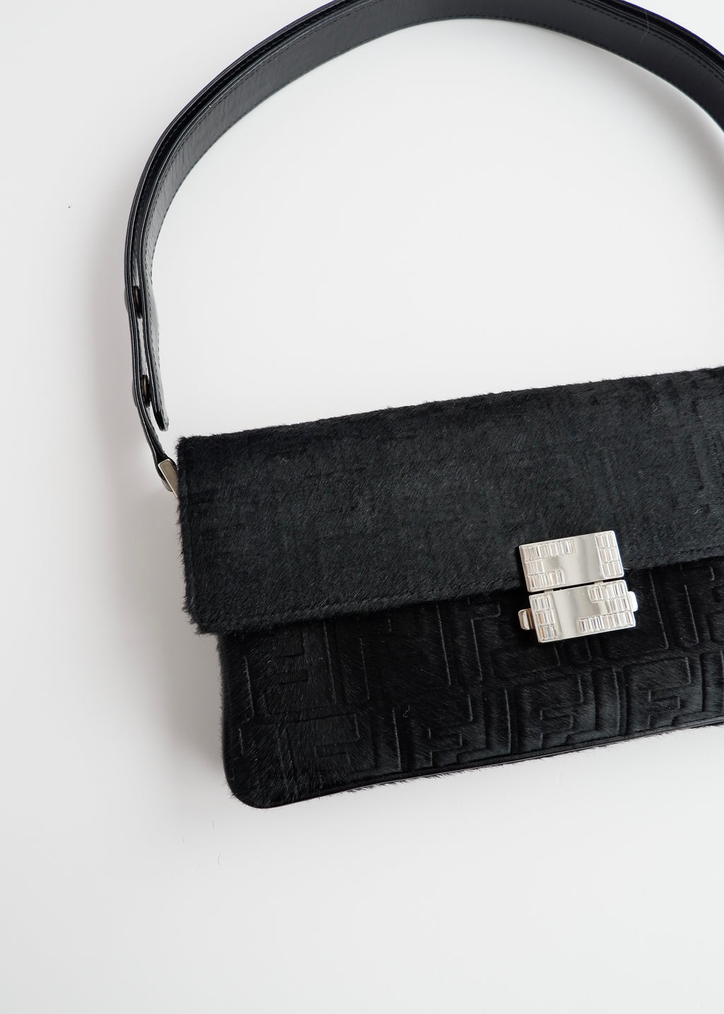 Authentic Preowned Rare Vintage Fendi Black Zucca Pony Hair/ Crystal Logo Shoulder Bag