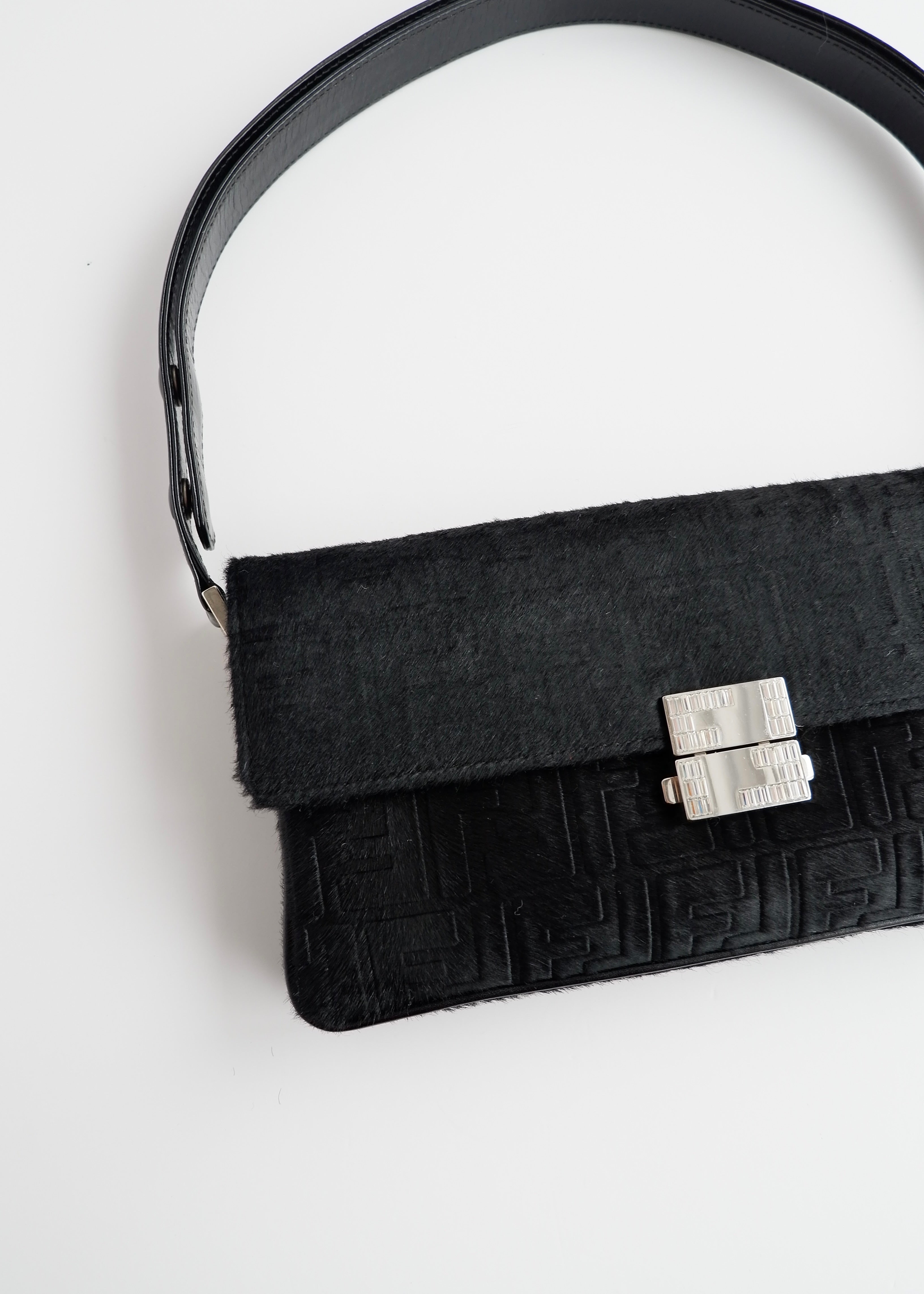Authentic Preowned Rare Vintage Fendi Black Zucca Pony Hair/ Crystal Logo Shoulder Bag