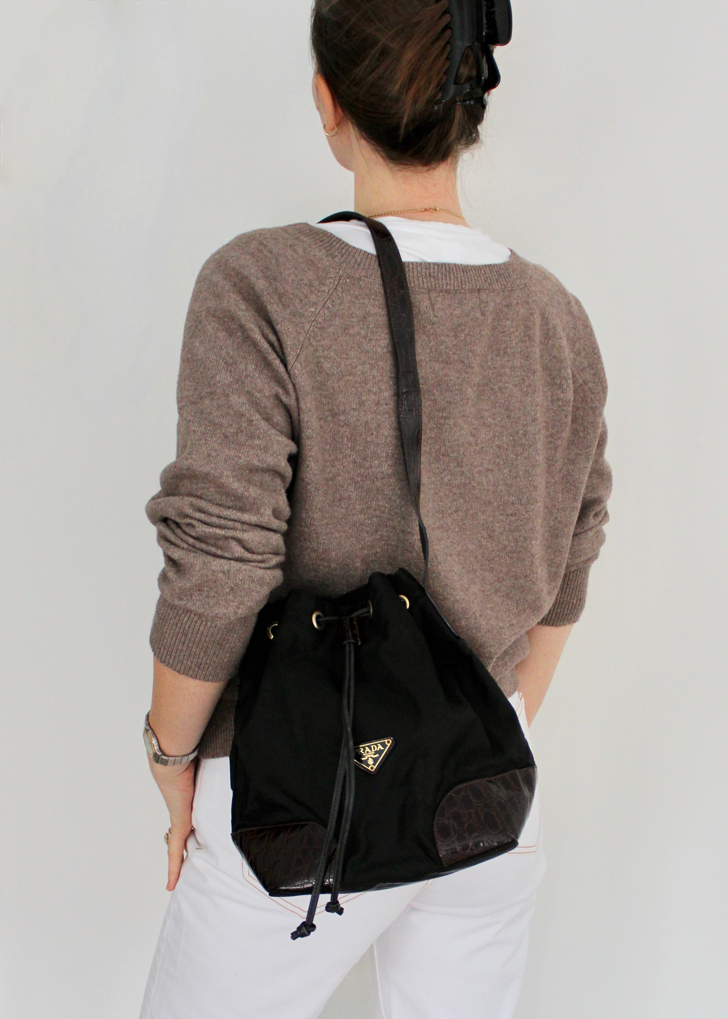 Authentic Preowned Prada Black/Brown Nylon/Leather Bucket Shoulder Bag