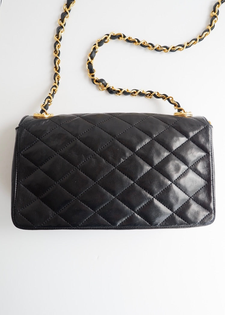Authentic Preowned Vintage Chanel Black Lambskin Quilted Single Flap Crystal CC Logo Bag GHW