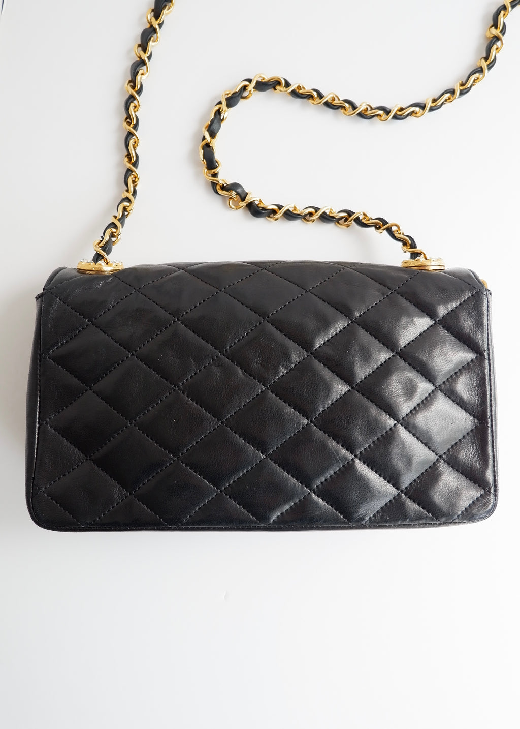 Authentic Preowned Vintage Chanel Black Lambskin Quilted Single Flap Crystal CC Logo Bag GHW
