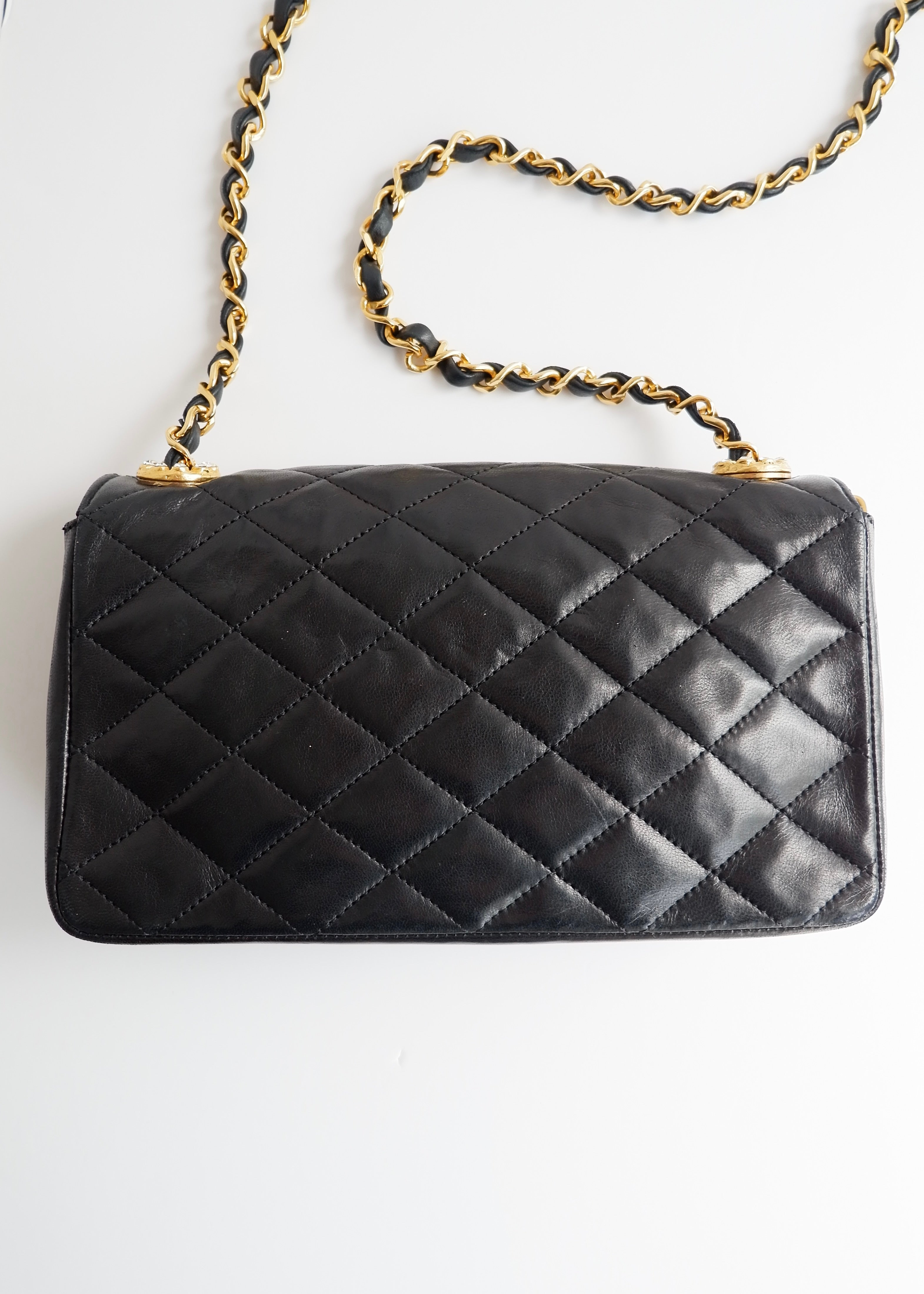 Authentic Preowned Vintage Chanel Black Lambskin Quilted Single Flap Crystal CC Logo Bag GHW