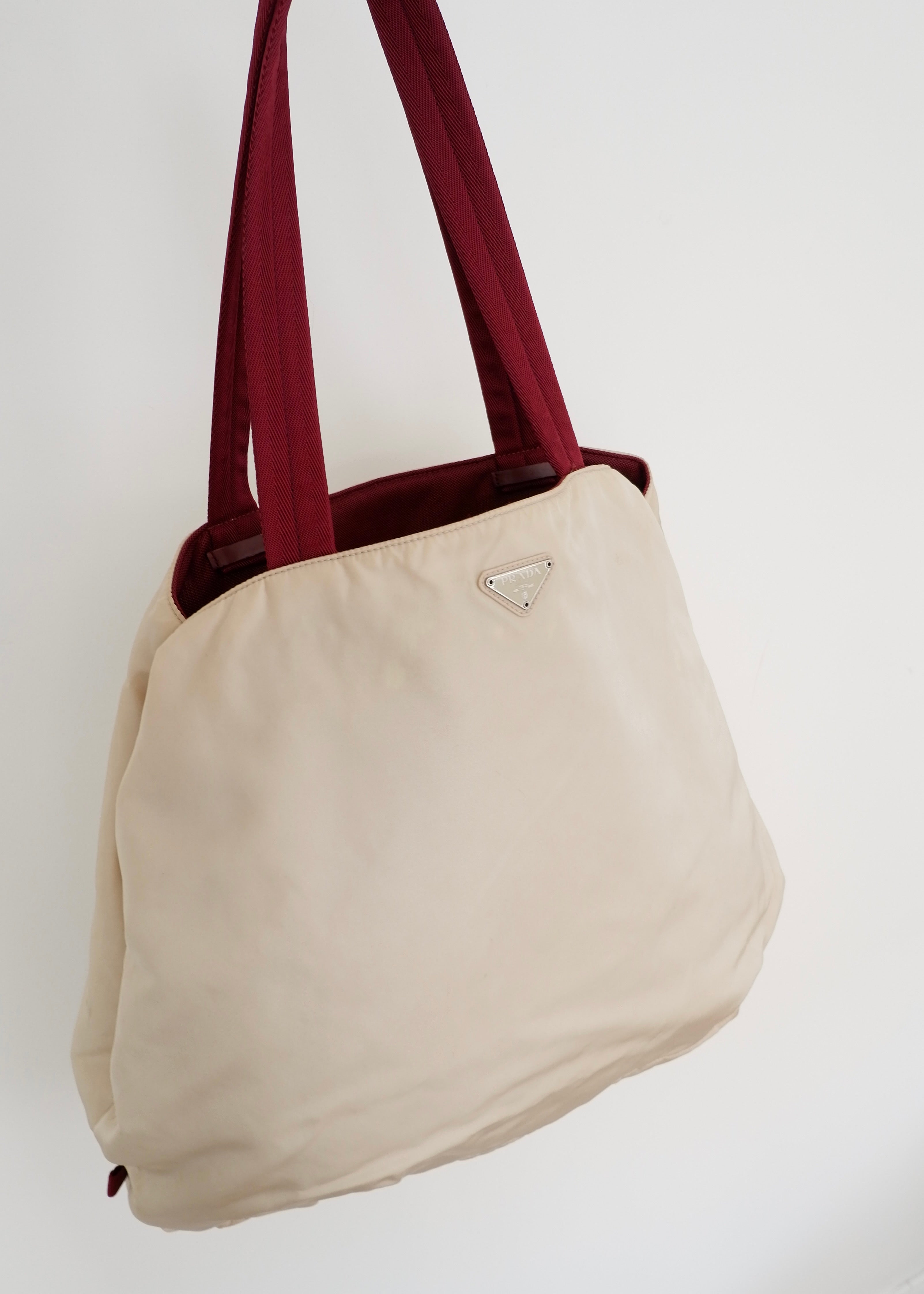 Authentic Preowned Prada Beige/ Burgundy Nylon Oversized Tote Bag