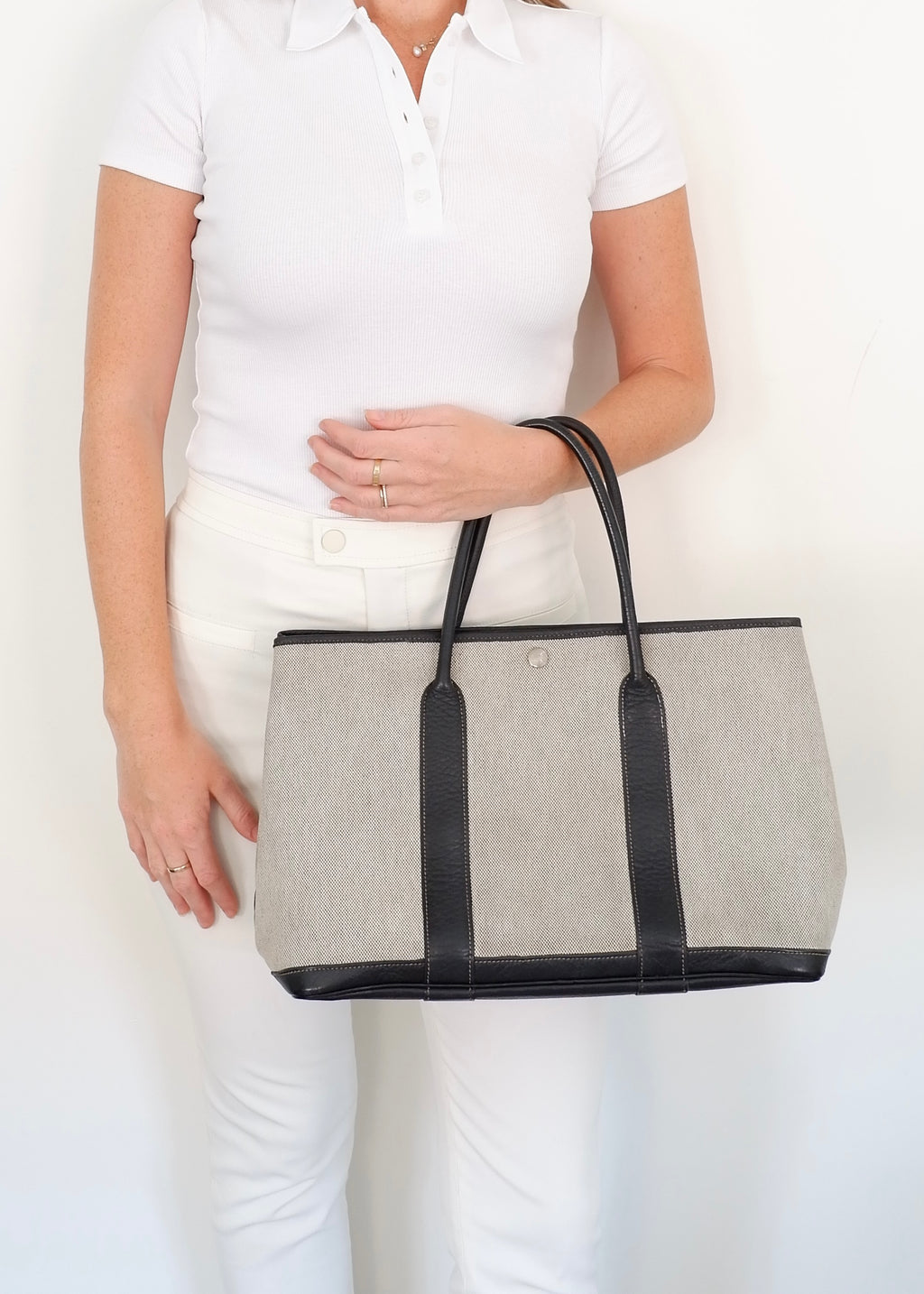 Sac cabas Hermès Garden Party authentique d'occasion en cuir et toile noirs/gris