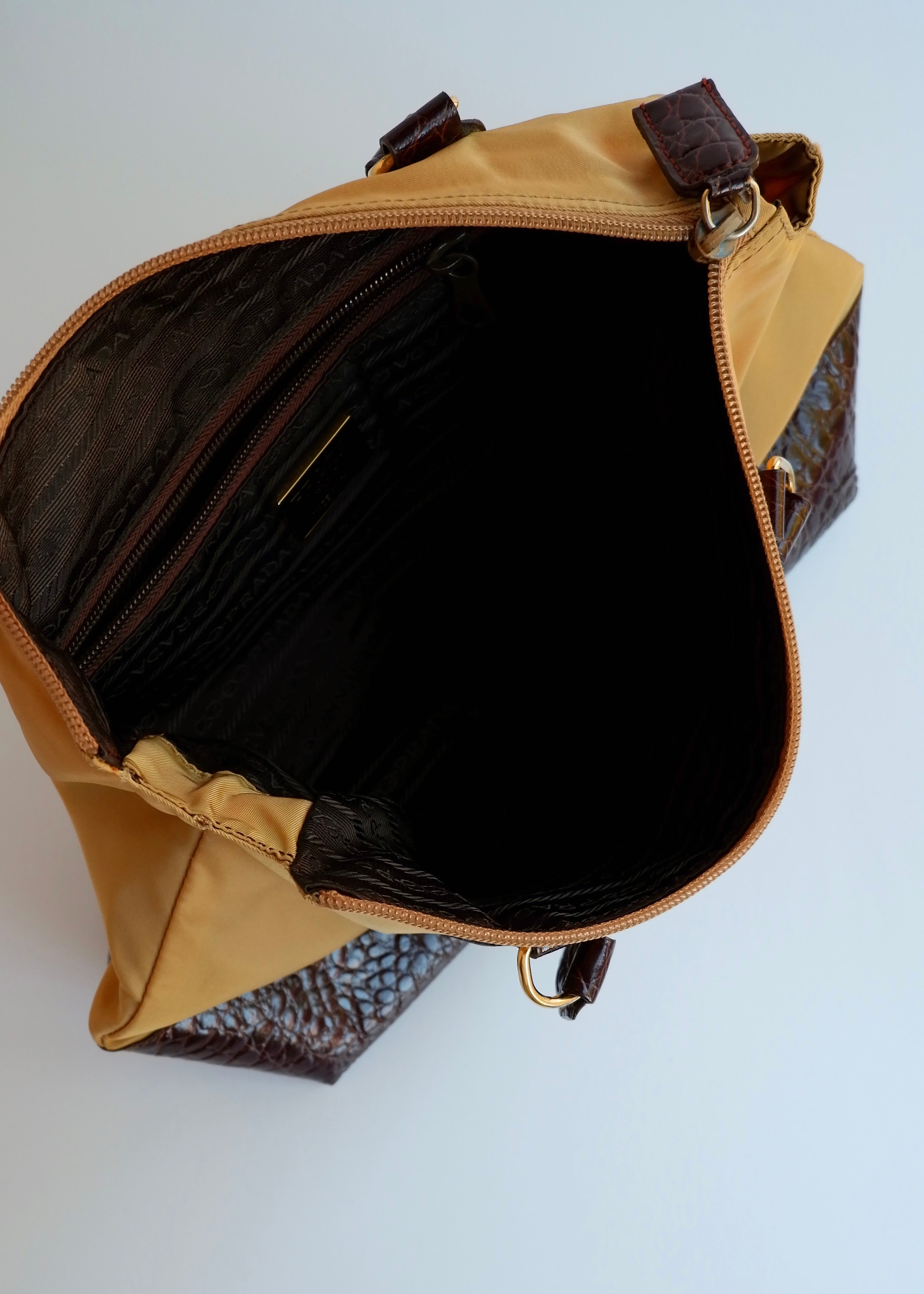 Authentic Preowned Vintage Prada Brown/Khaki Nylon/Patent Leather Handbag