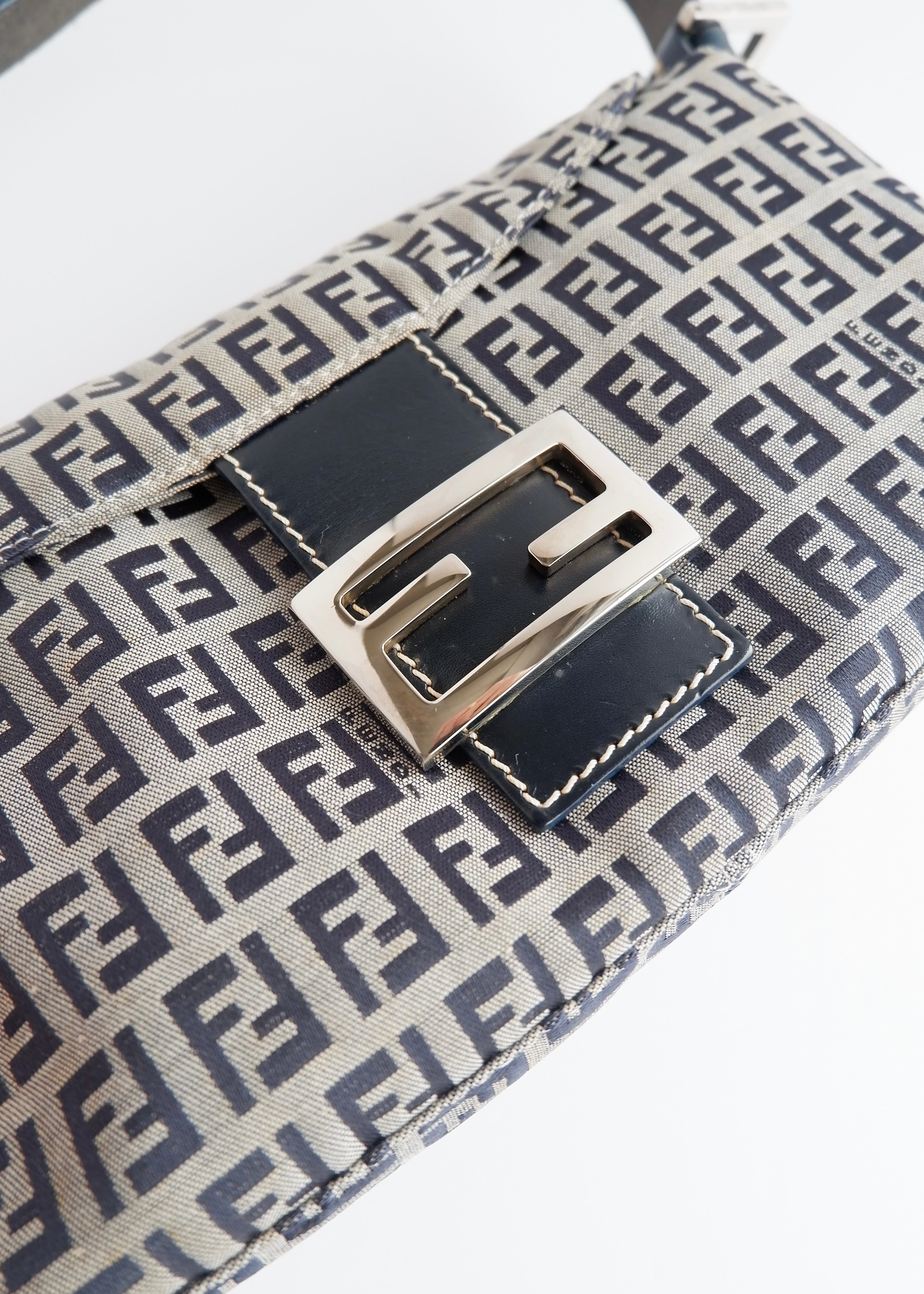 Authentic Preowned Fendi Navy Zucchino Baguette Shoulder