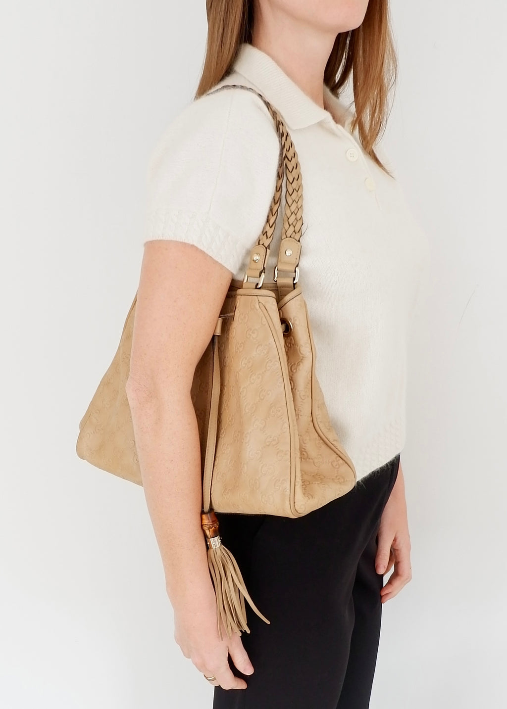 Authentic Preowned Gucci Beige Leagther Guccissima Peggy Tassel Shoulder Bag