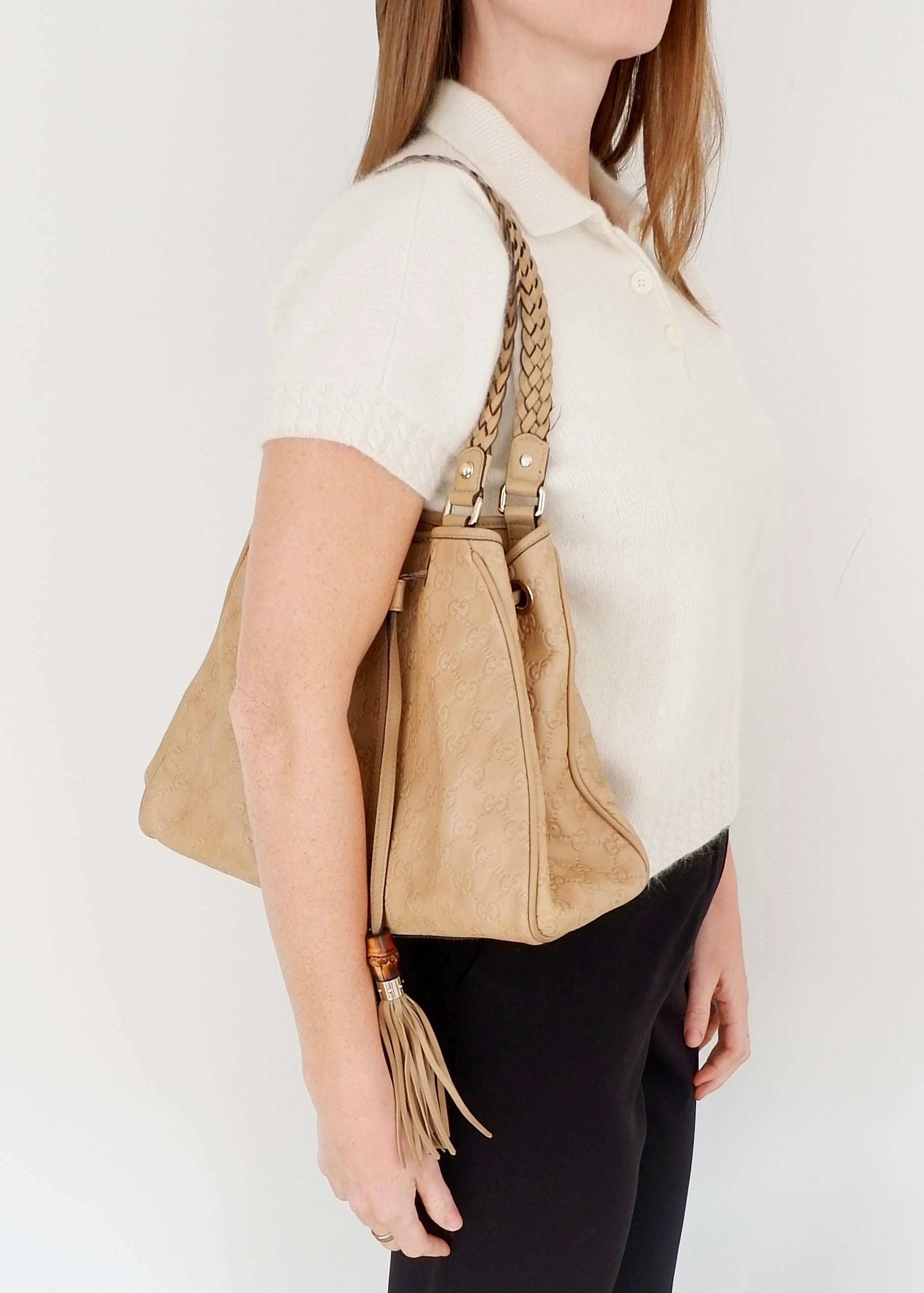 Authentic Preowned Gucci Beige Leagther Guccissima Peggy Tassel Shoulder Bag