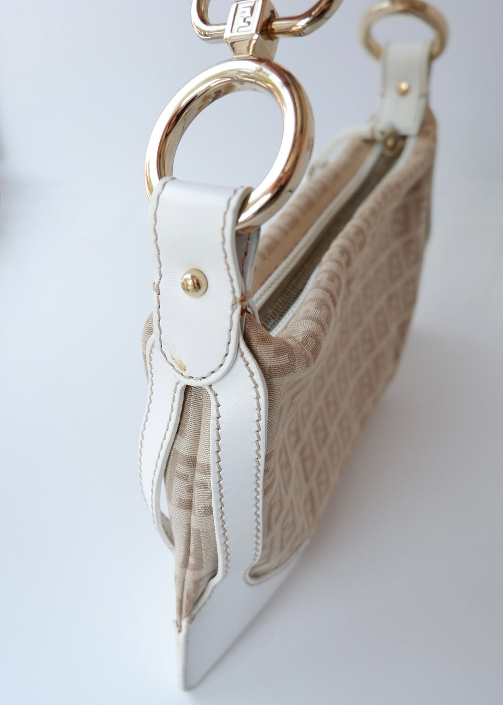 Preowned Vintage Fendi White Leather Beige Canvas Zucchino Shoulder Bag