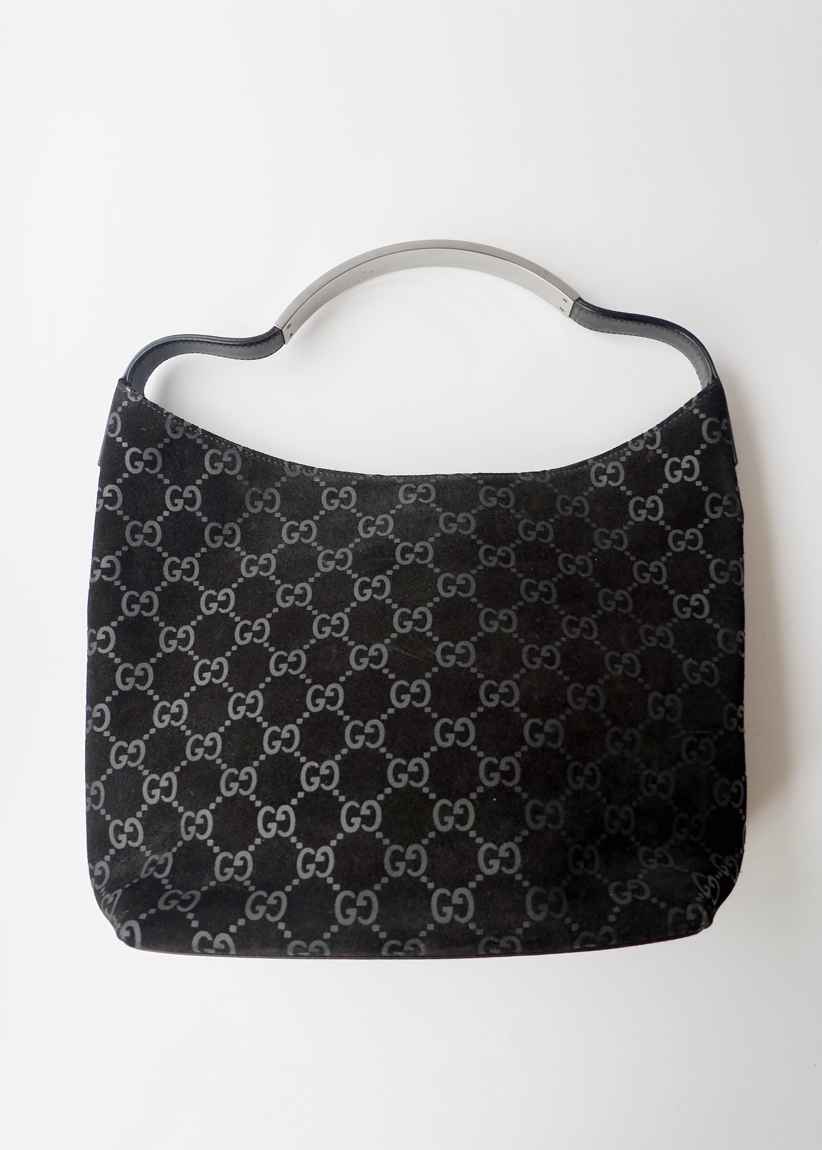 Preowned Gucci Black Suede GG Shoulder Bag