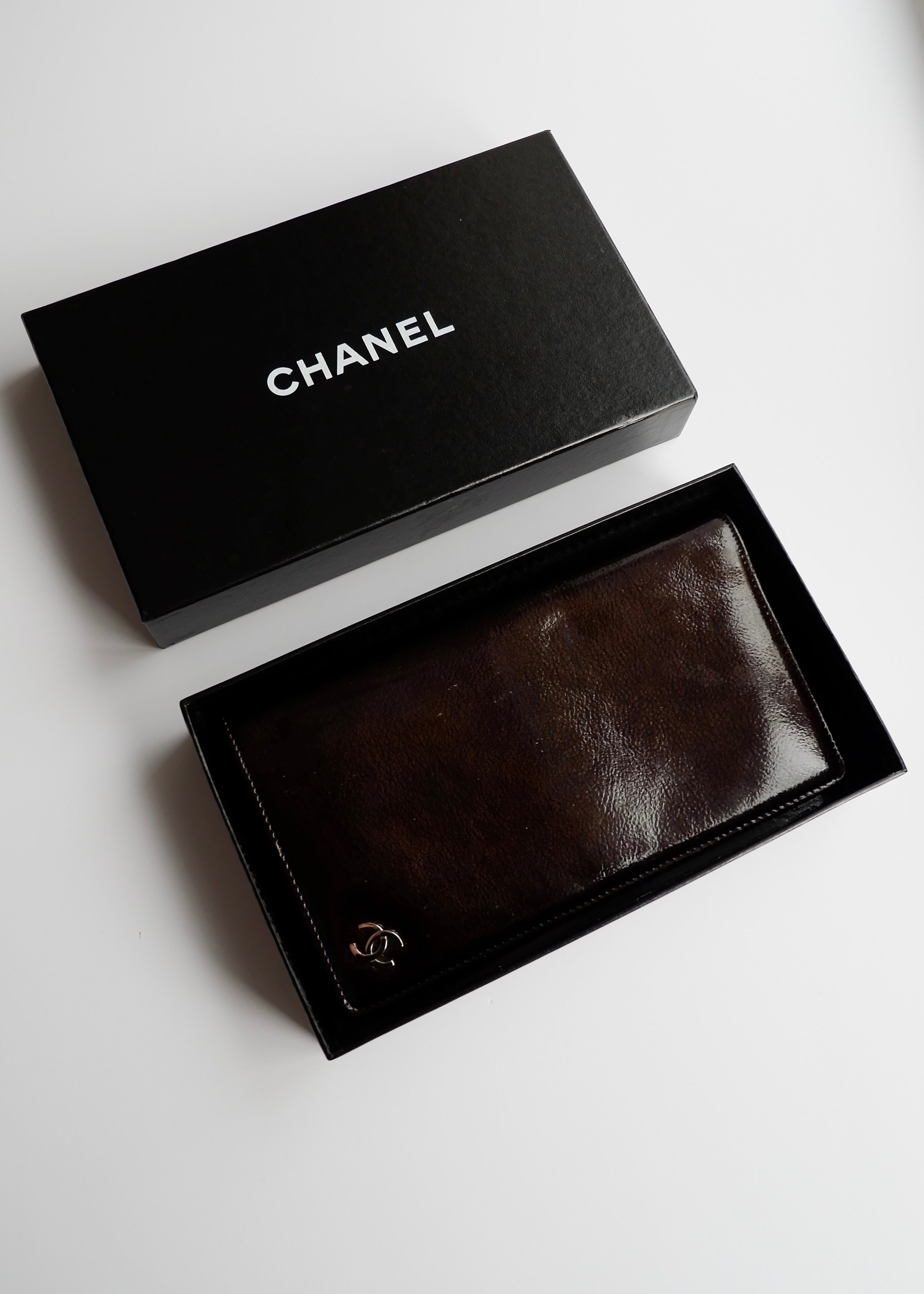 Authentic Preowned Chanel Coco Mark Brown Patent Leather Long Bi-Fold Wallet