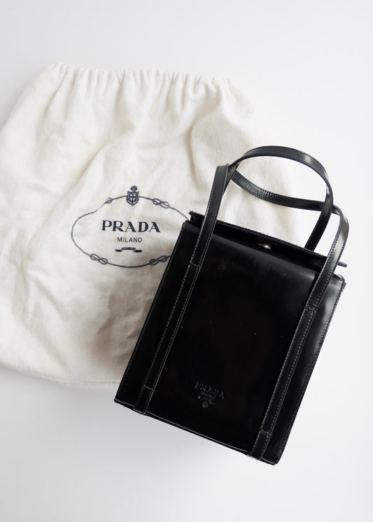 Authentic Preowned Prada Black Patent Leather/Nylon Top Handle Bag