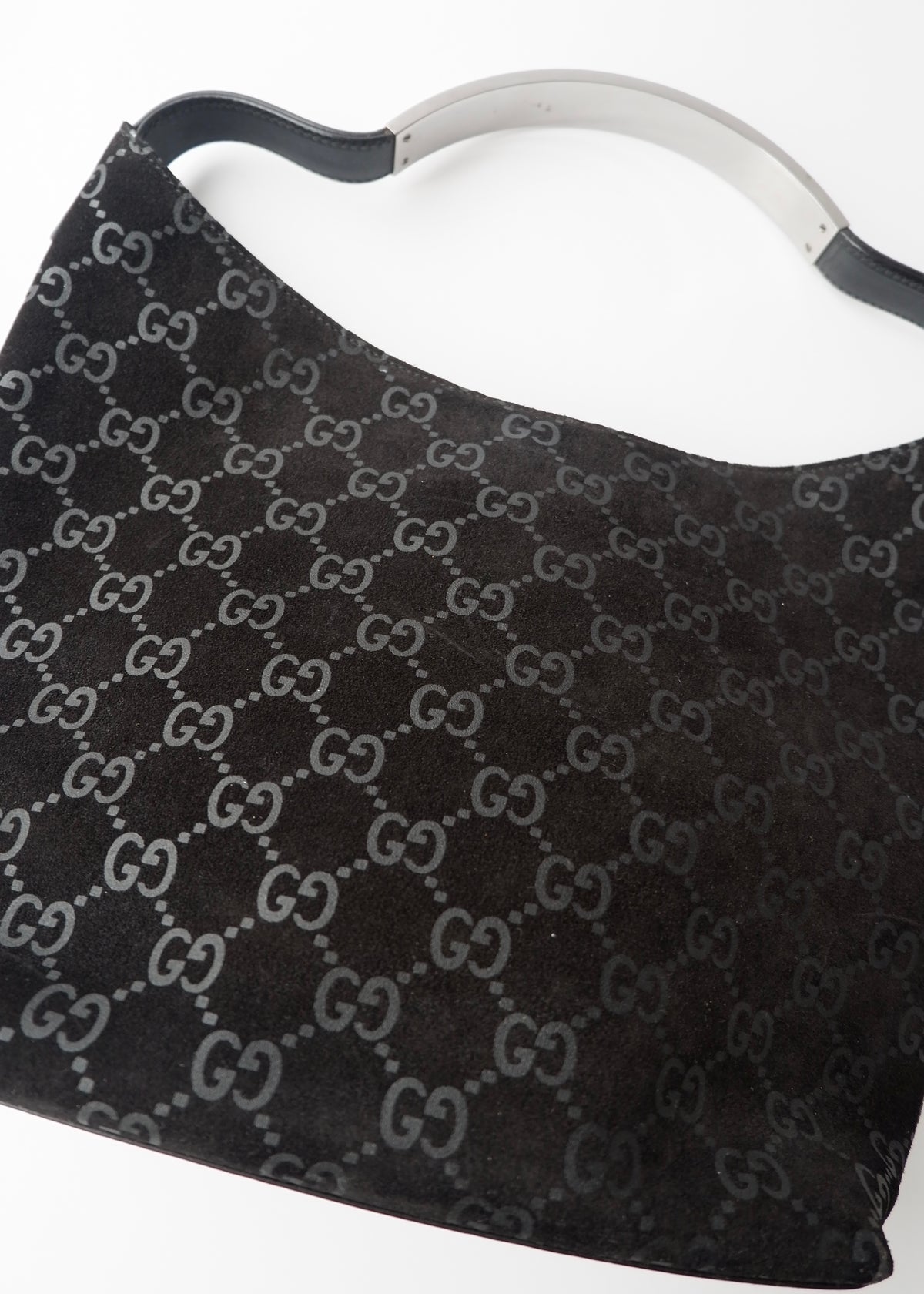 Preowned Gucci Black Suede GG Shoulder Bag