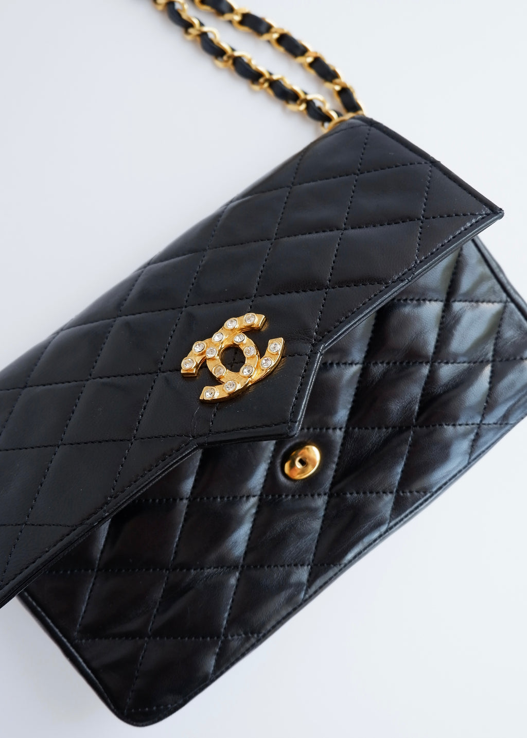 Authentic Preowned Vintage Chanel Black Lambskin Quilted Single Flap Crystal CC Logo Bag GHW