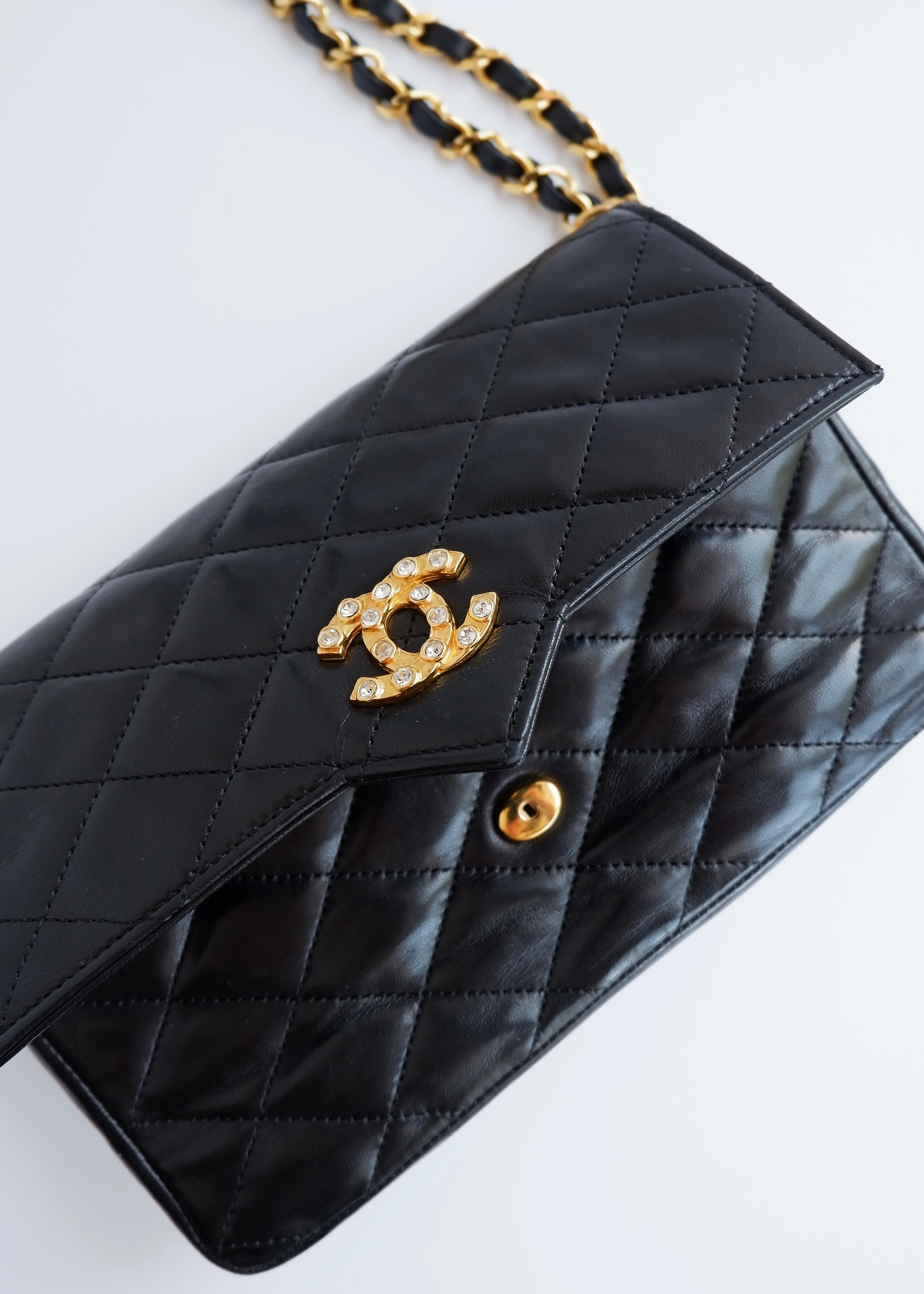 Authentic Preowned Vintage Chanel Black Lambskin Quilted Single Flap Crystal CC Logo Bag GHW